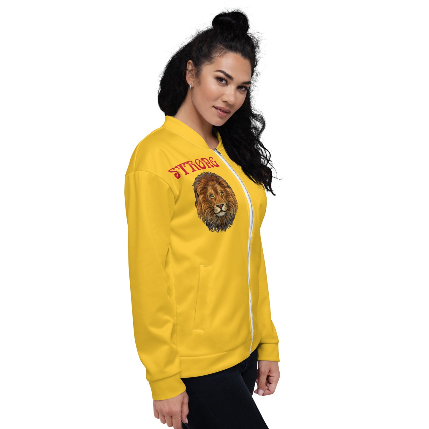 "STRONG"Yellow Unisex Bomber Jacket W/Red Font