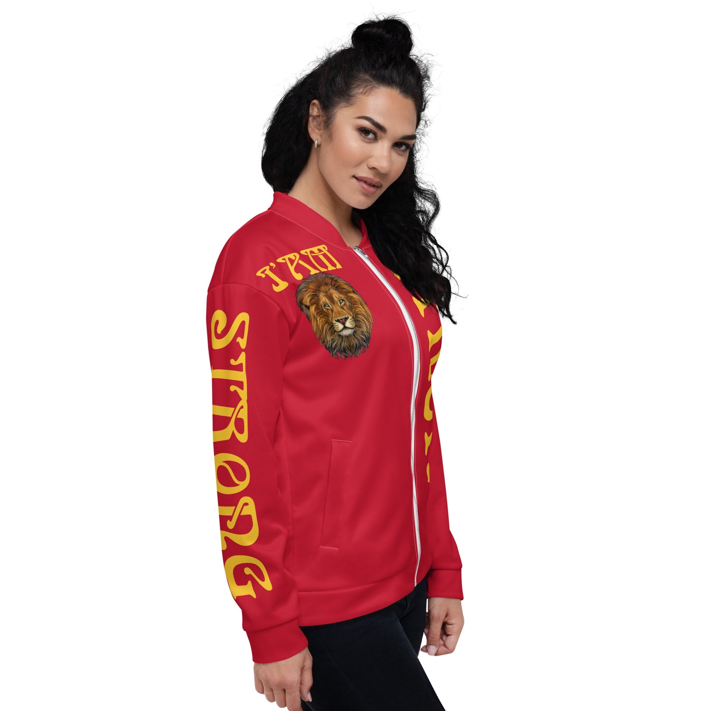 “I’AM STRONG”Red Unisex Bomber Jacket W/Yellow Font