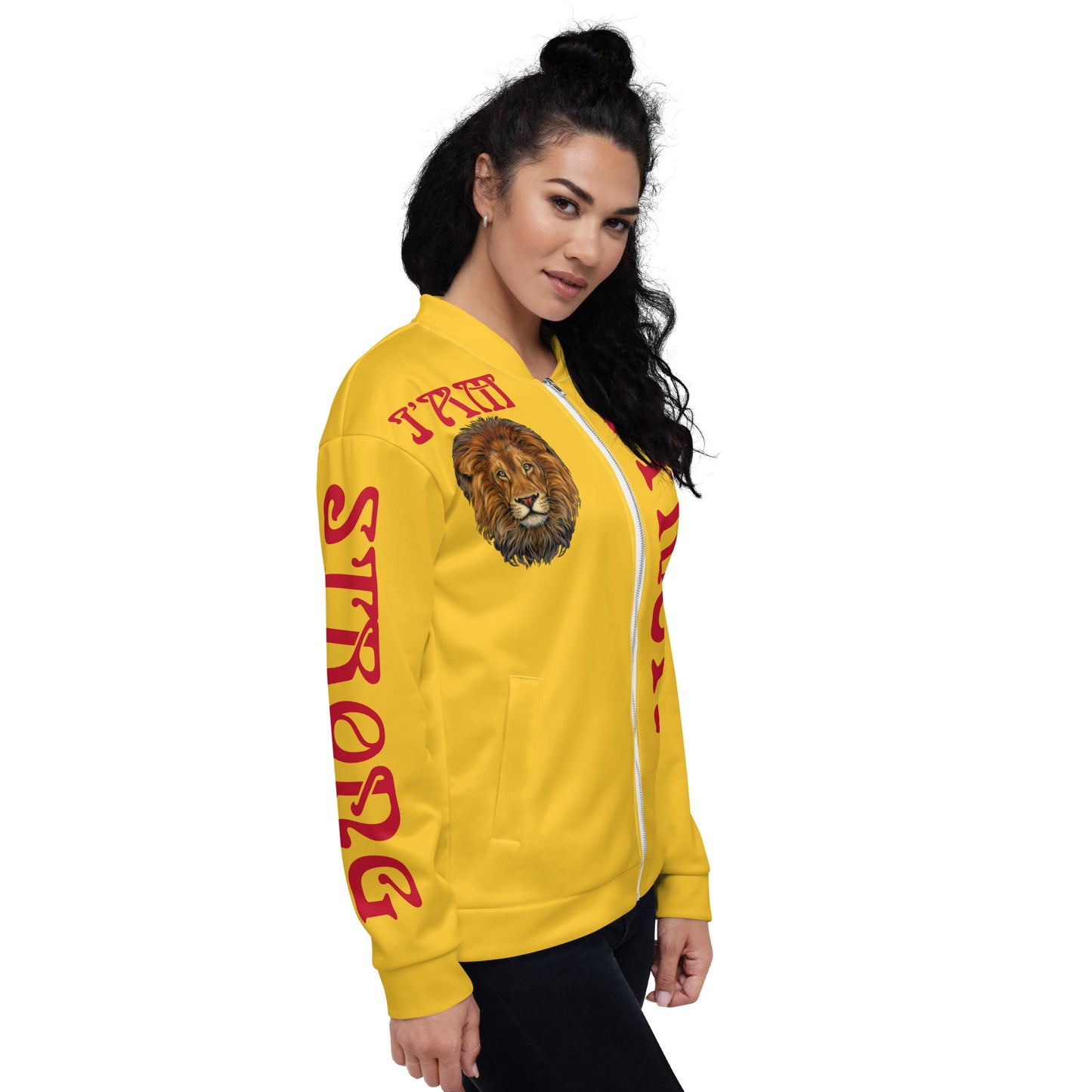 “I’AM STRONG”Yellow Unisex Bomber Jacket W/Red Font