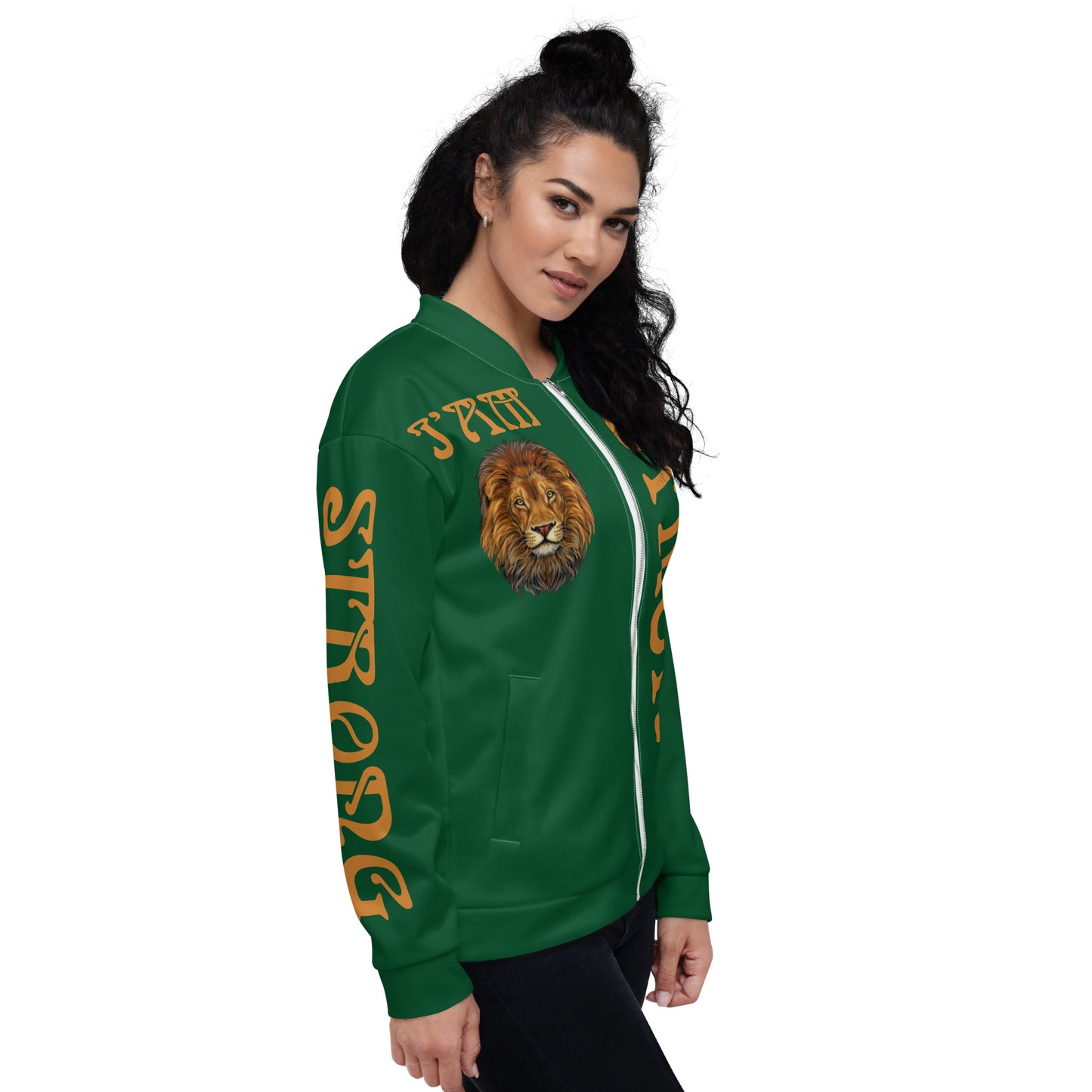 “I’AM STRONG”Green Unisex Bomber Jacket W/Bronze Font