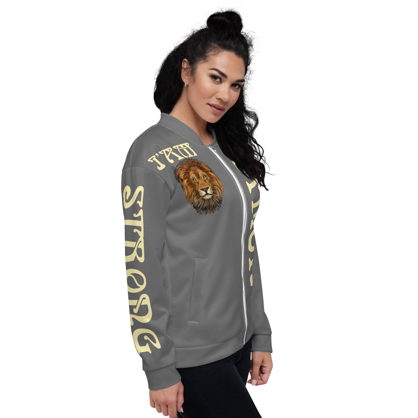 “I’AM STRONG”Grey Unisex Bomber Jacket W/Banana Font