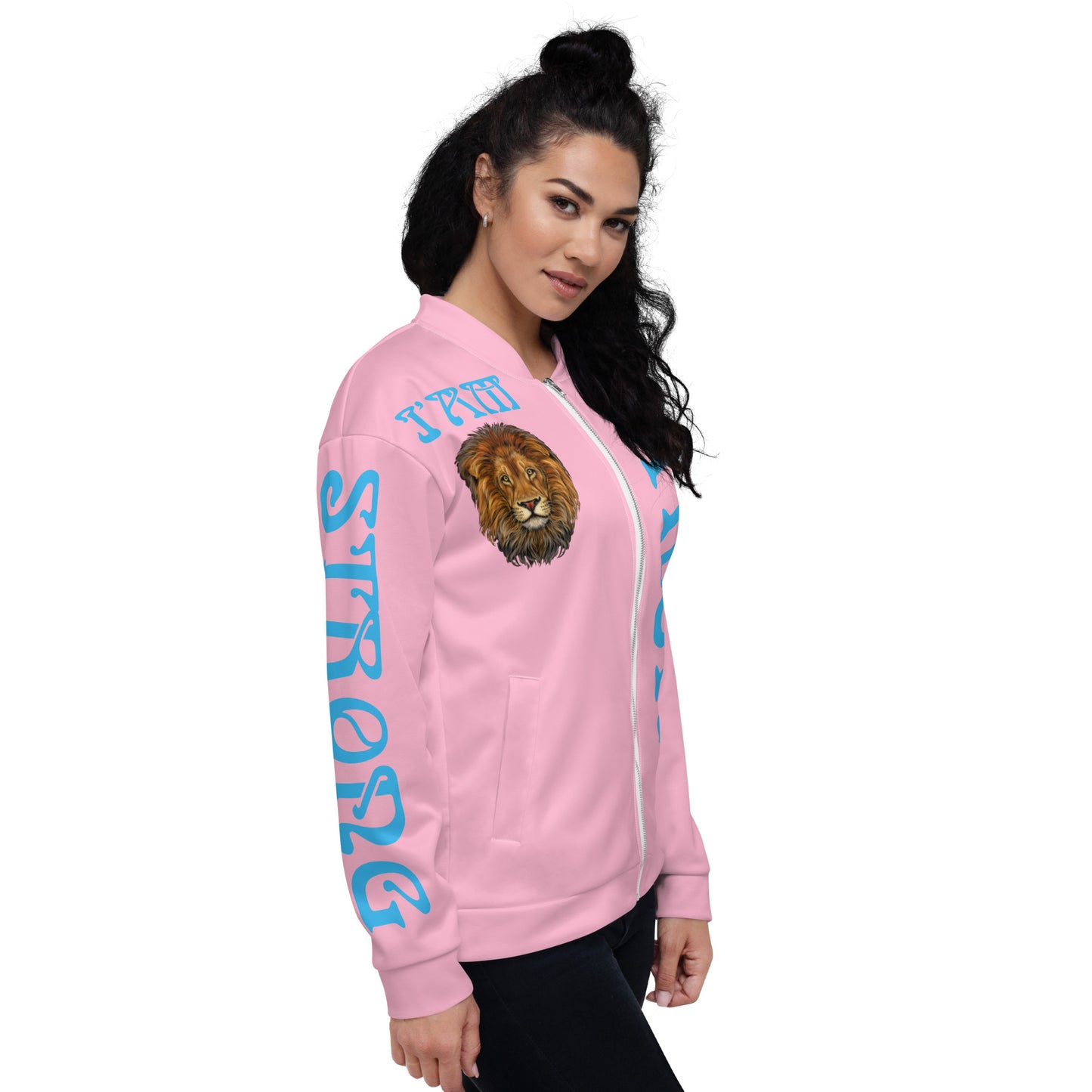 “I”AM STRONG”Cotton Candy Unisex Bomber Jacket W/SkyBlue Font
