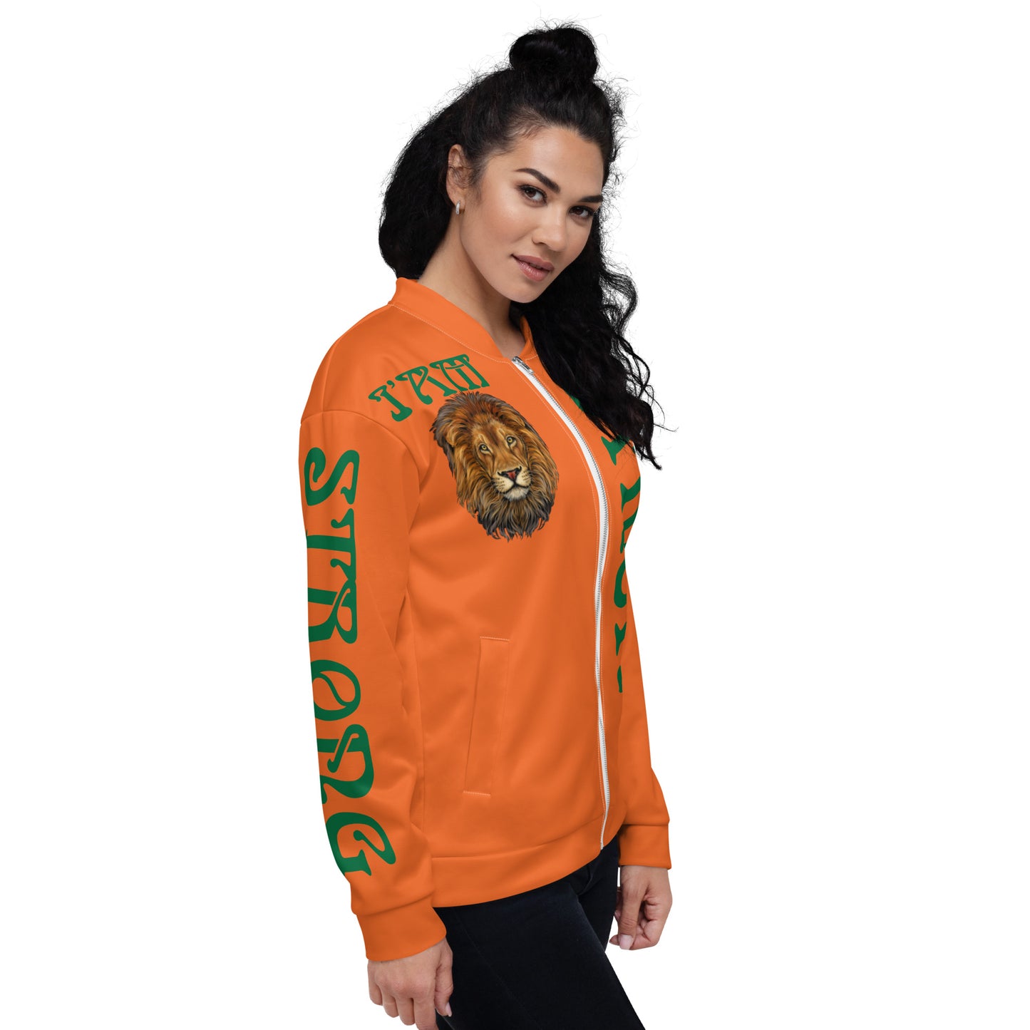 “I’AM STRONG”Orange Unisex Bomber Jacket W/Green Font