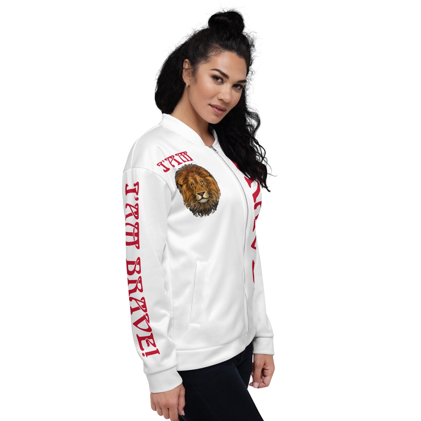 “I’AM BRAVE!”White Unisex Bomber Jacket W/Red Font