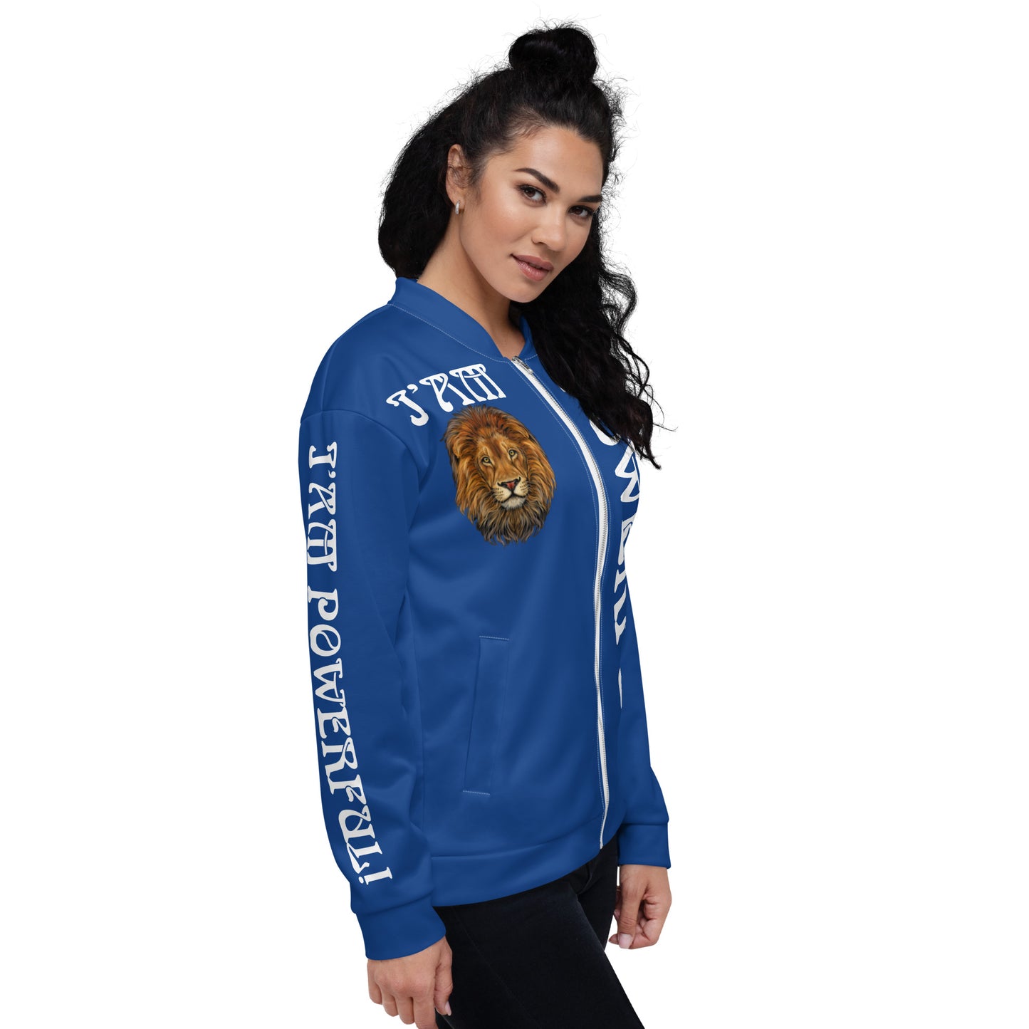 “POWERFUL!”Blue Unisex Bomber Jacket W/White Font