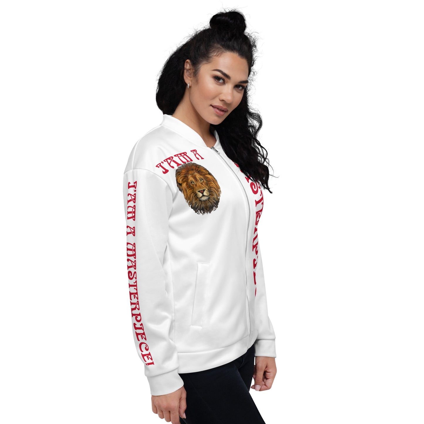 “IAM A MASTERPIECE!”White Unisex Bomber Jacket W/Red Font