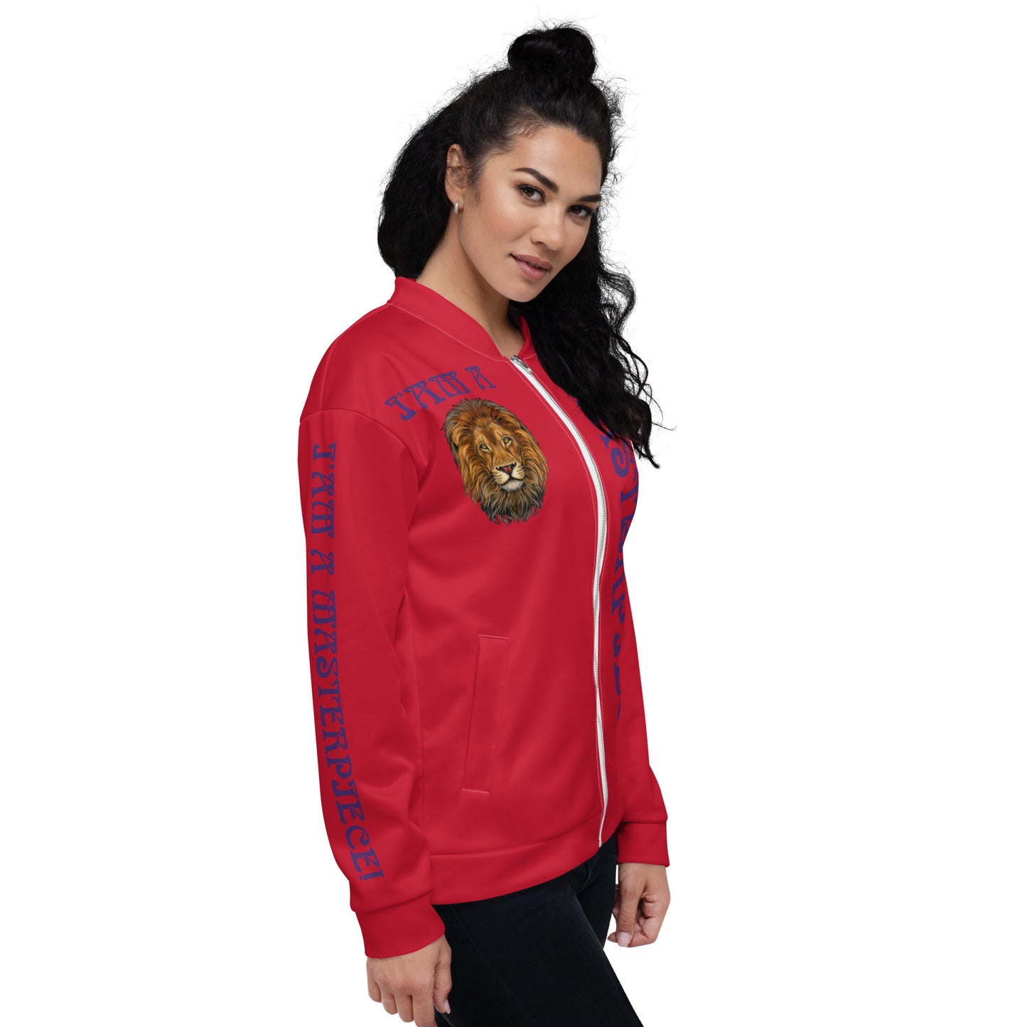 “IAM A MASTERPIECE!"Red Unisex Bomber Jacket W/Purple Font
