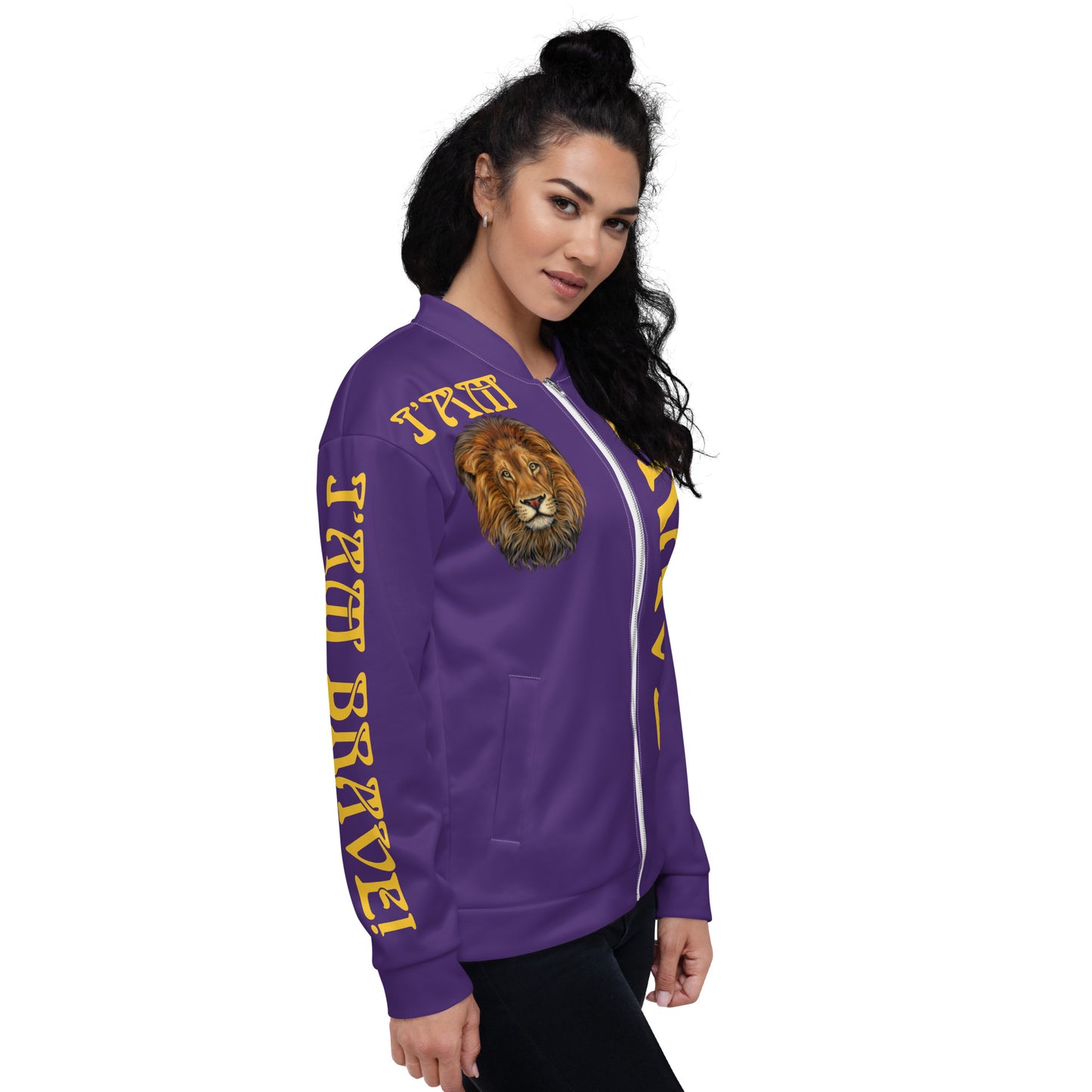 “IAM BRAVE!”Purple Unisex Bomber Jacket W/Yellow Font