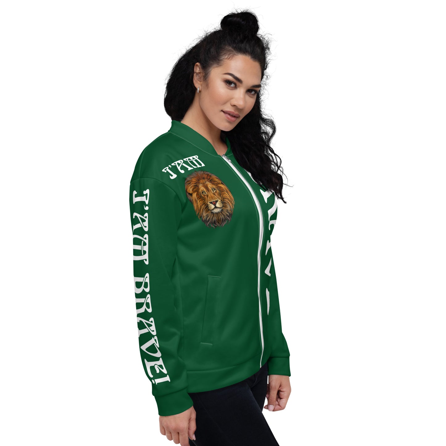 “IAM BRAVE!”Green Unisex Bomber Jacket W/White Font