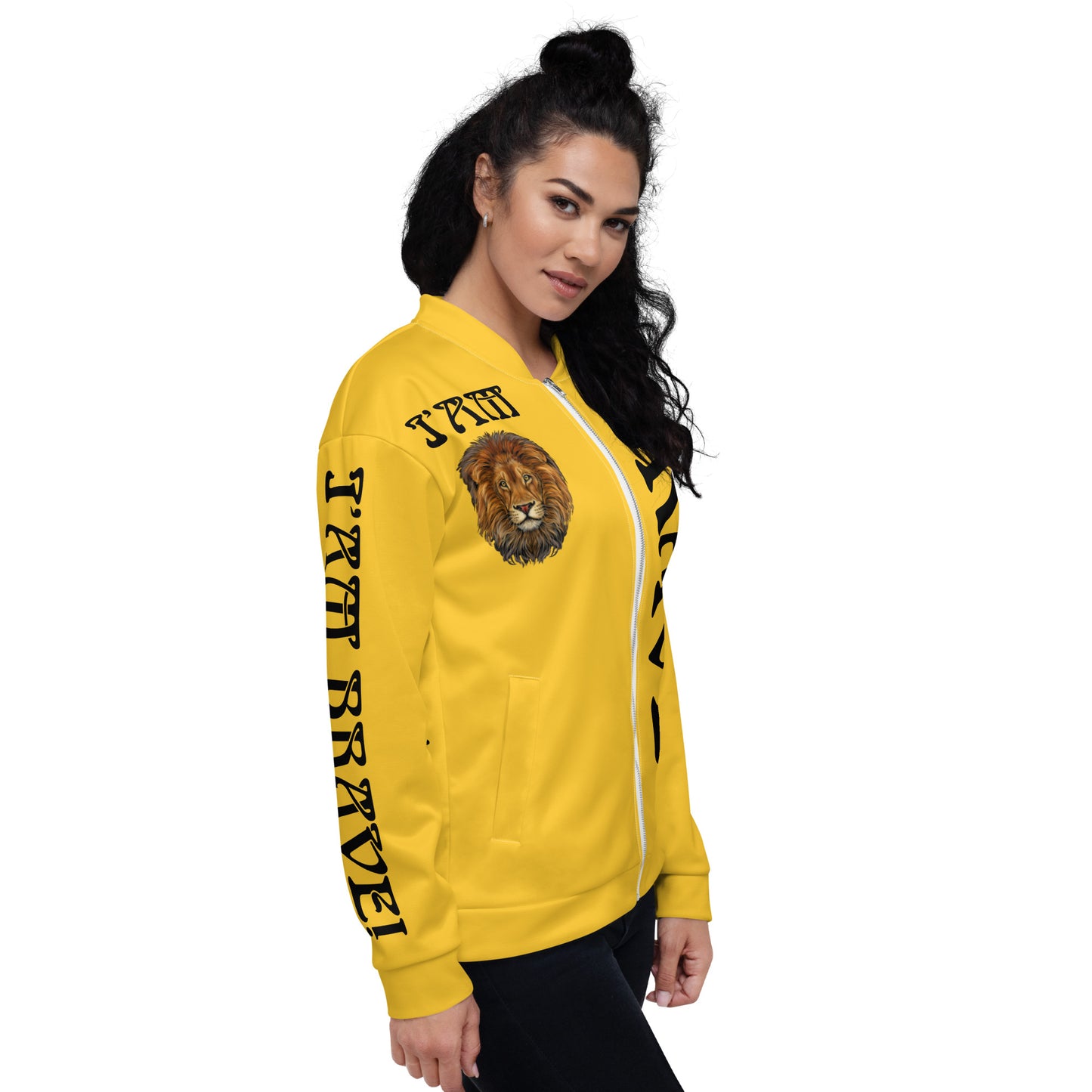 “IAM BRAVE!”Yellow Unisex Bomber Jacket W/Black Font