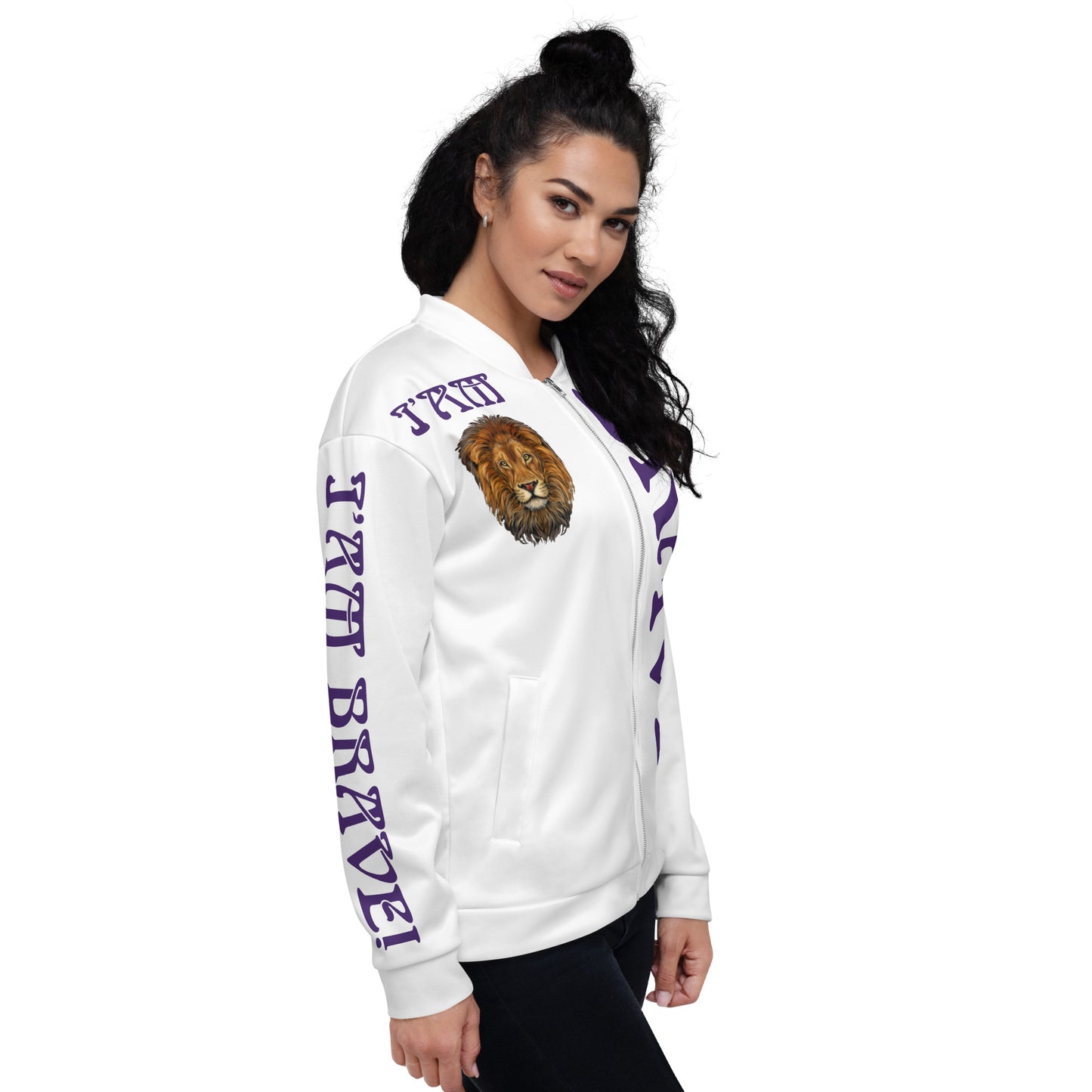 “IAM BRAVE!"White Unisex Bomber Jacket W/Purple Font