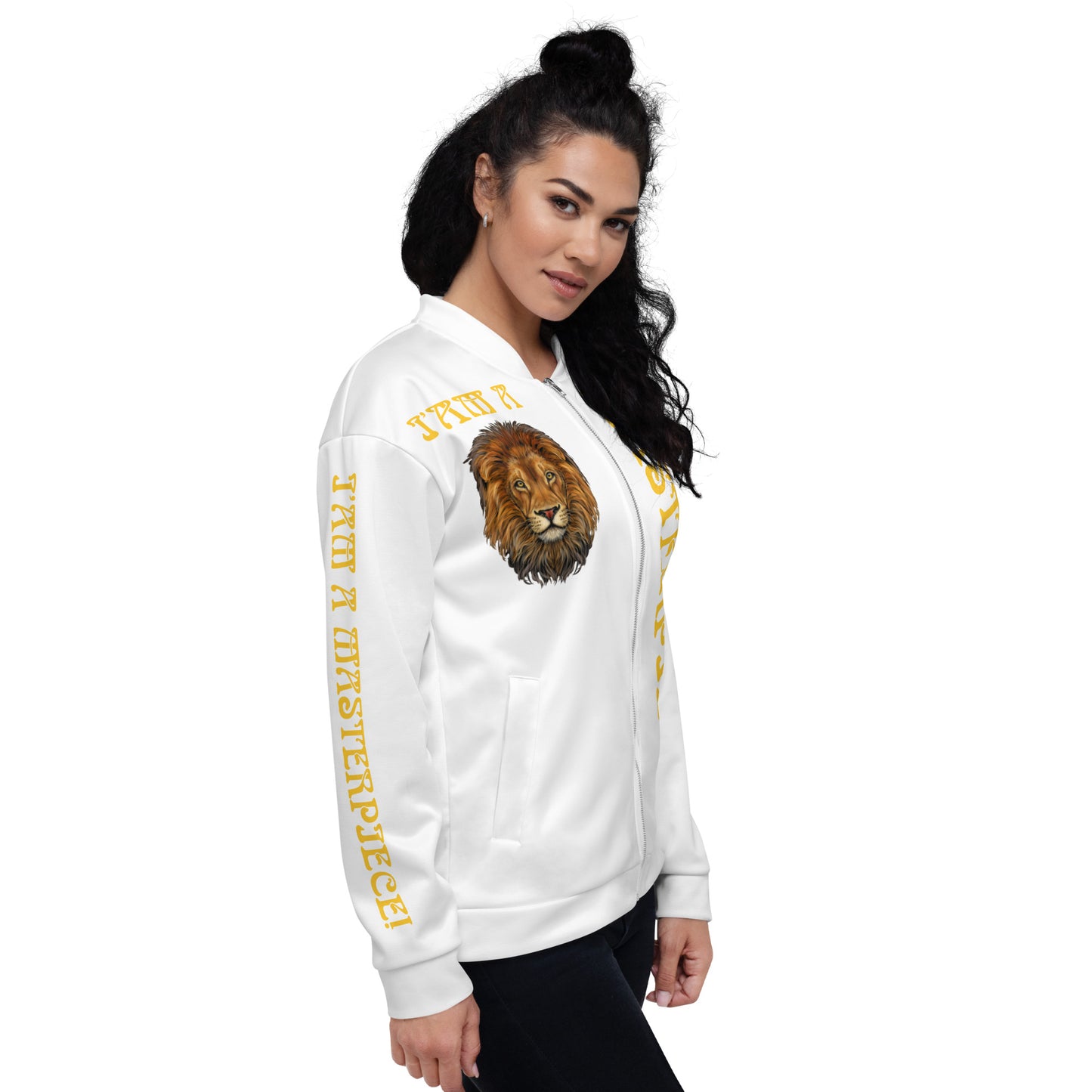 “IAM A MASTERPIECE!”White Unisex Bomber Jacket W/Yellow Font