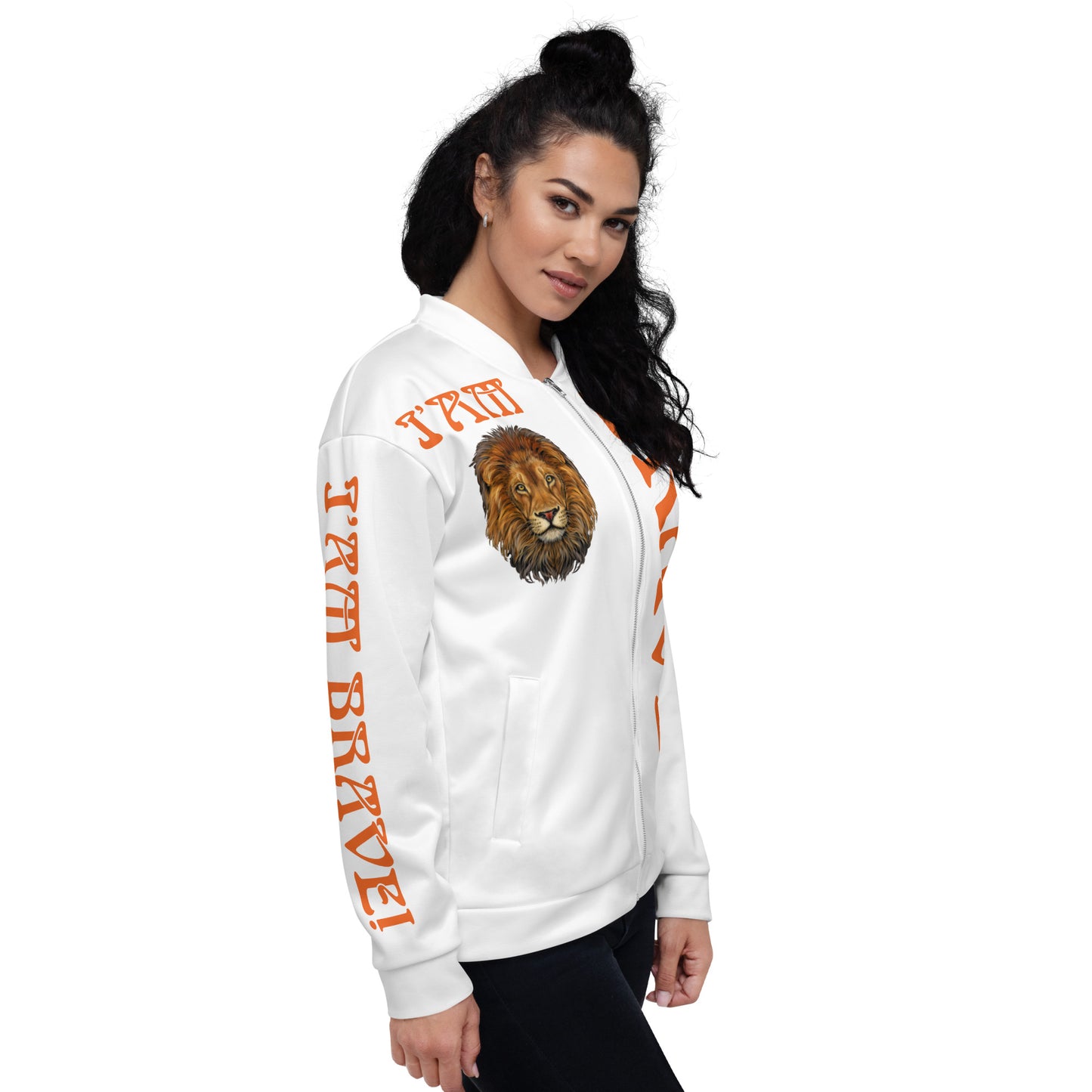 “IAM BRAVE!"White Unisex Bomber Jacket W/Orange Font