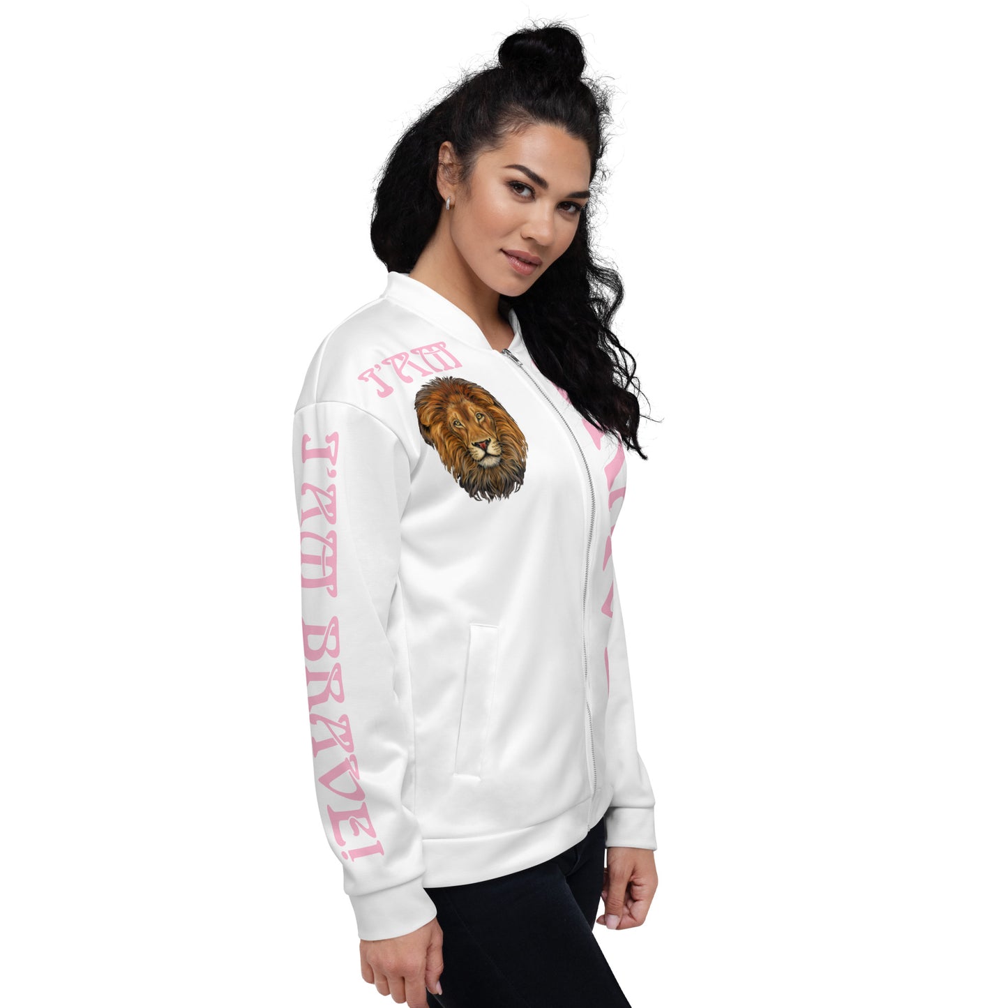 “IAM BRAVE!”White Unisex Bomber Jacket W/Cotton Candy Font