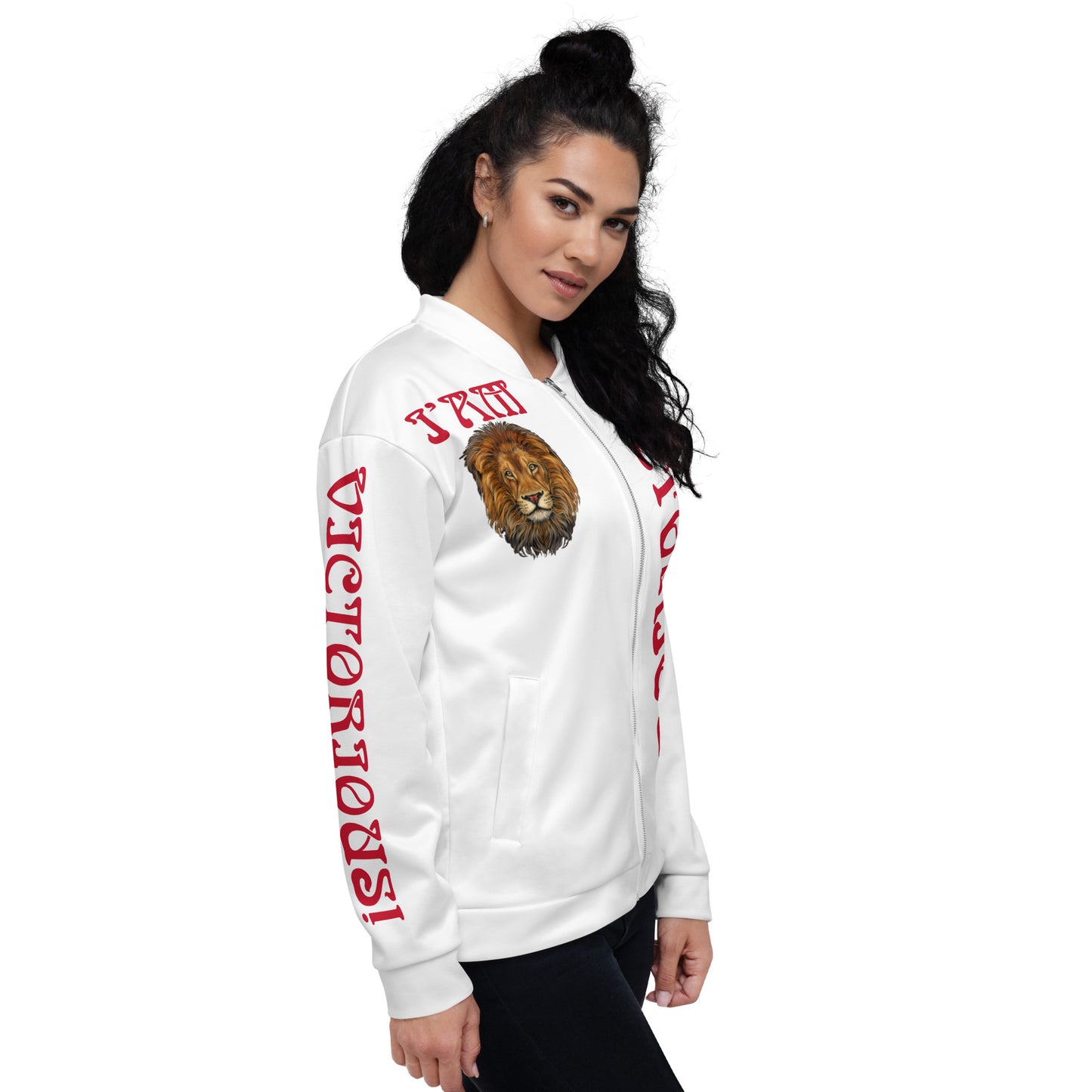 “I’AM VICTORIOUS!”White Unisex Bomber Jacket W/Red Font