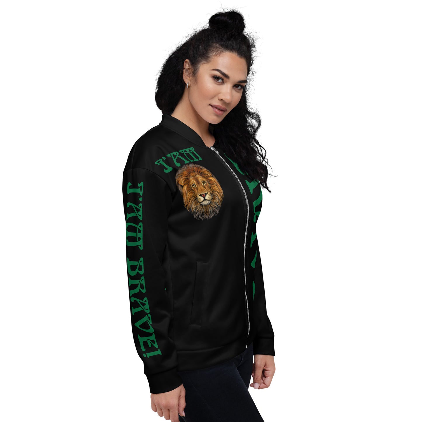 “IAM BRAVE!"Black Unisex Bomber Jacket W/Green Font