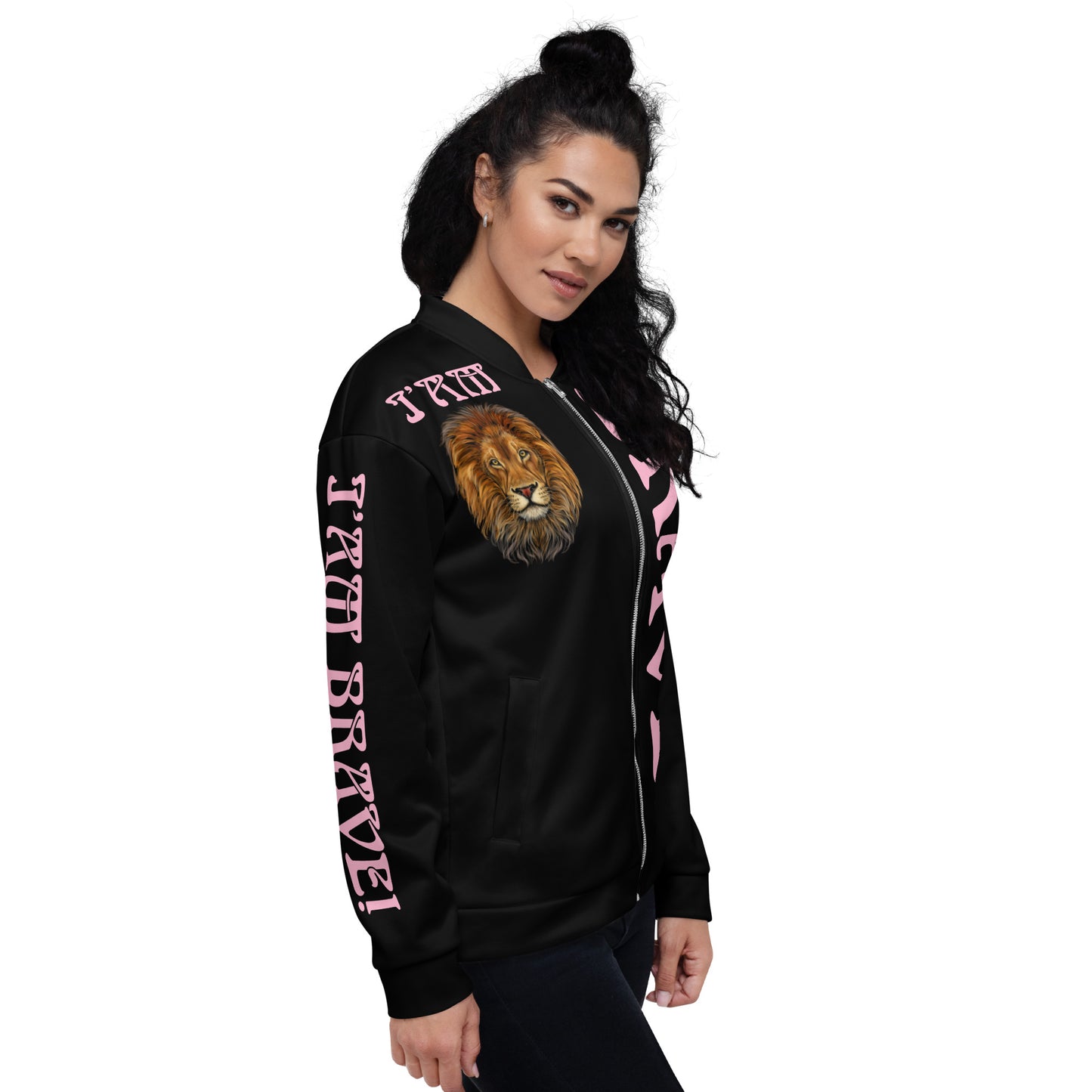 “IAM BRAVE!"Black Unisex Bomber Jacket W/Cotton Candy Font
