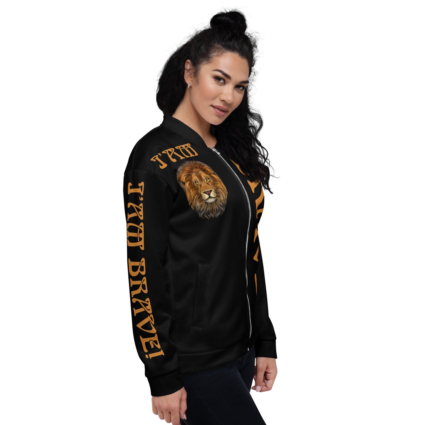“IAM BRAVE!"Black Unisex Bomber Jacket W/Bronze Font