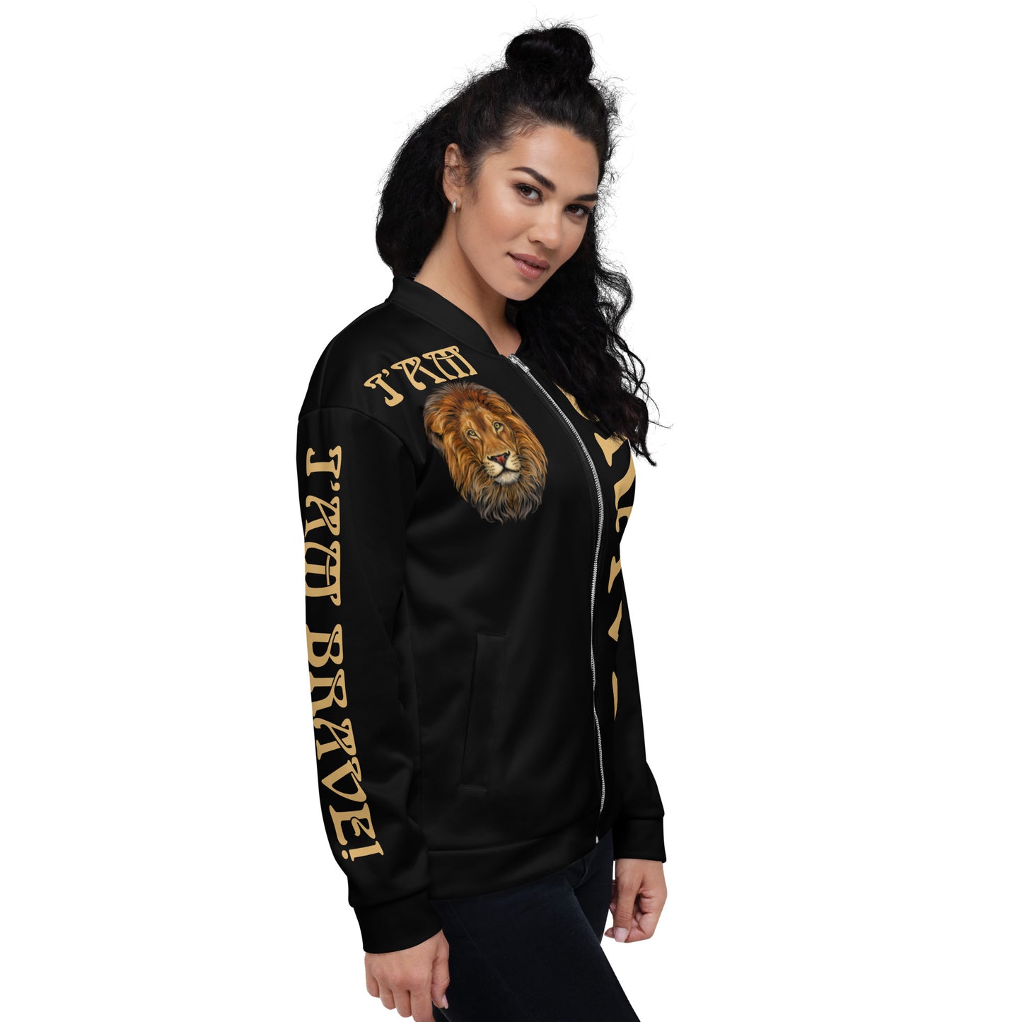 “IAM BRAVE!"Black Unisex Bomber Jacket W/Fawn Font