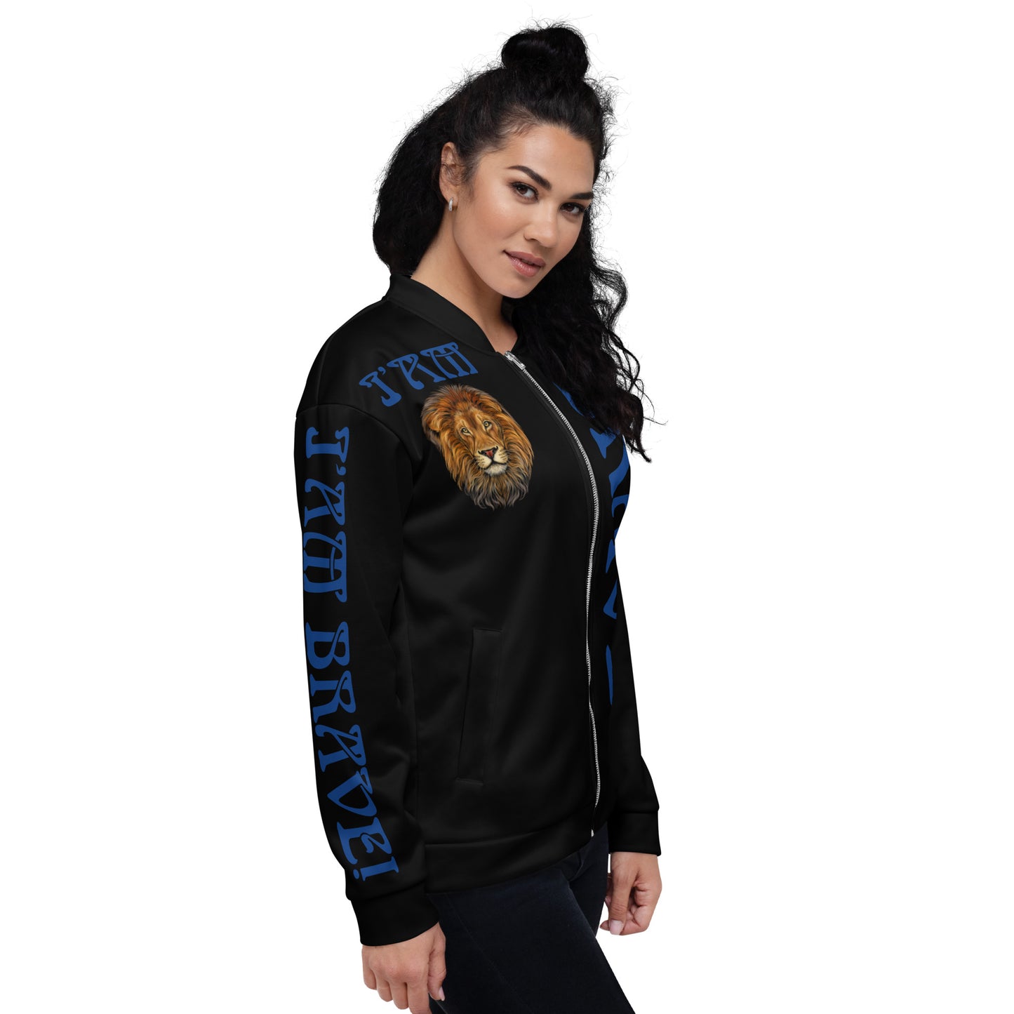 “IAM BRAVE!"Black Unisex Bomber Jacket W/Blue Font
