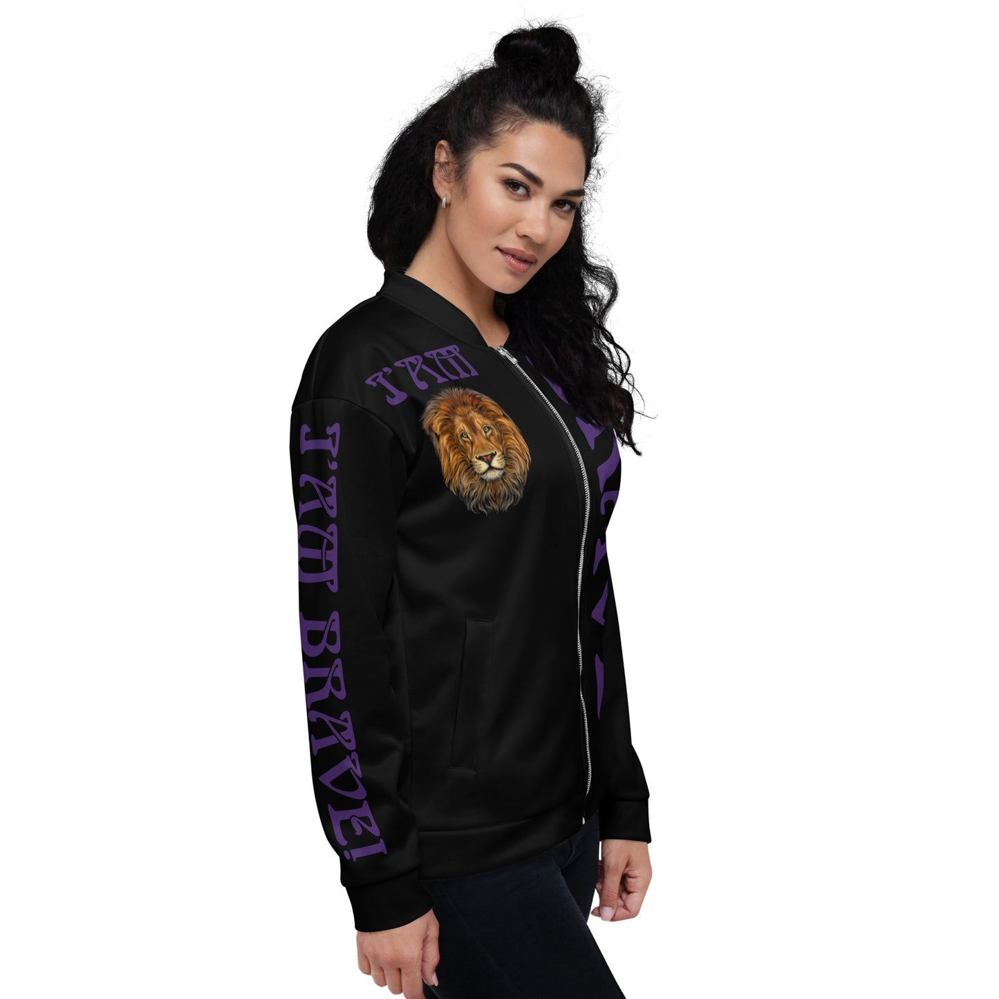 “IAM BRAVE!"Black Unisex Bomber Jacket W/Purple Font