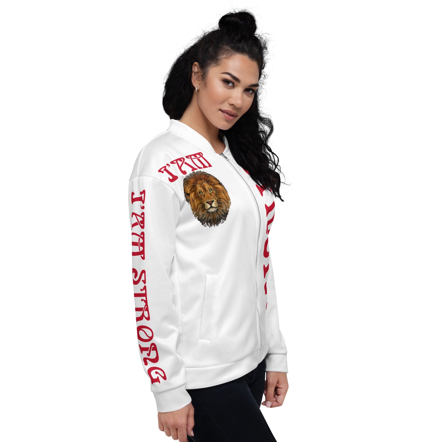 ‘I’AM STRONG!”White Unisex Bomber Jacket W/Red Font