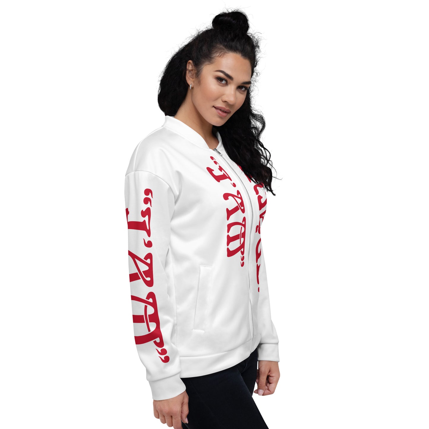 “I’AM UNIQUE!”White Unisex Bomber Jacket W/Red Font