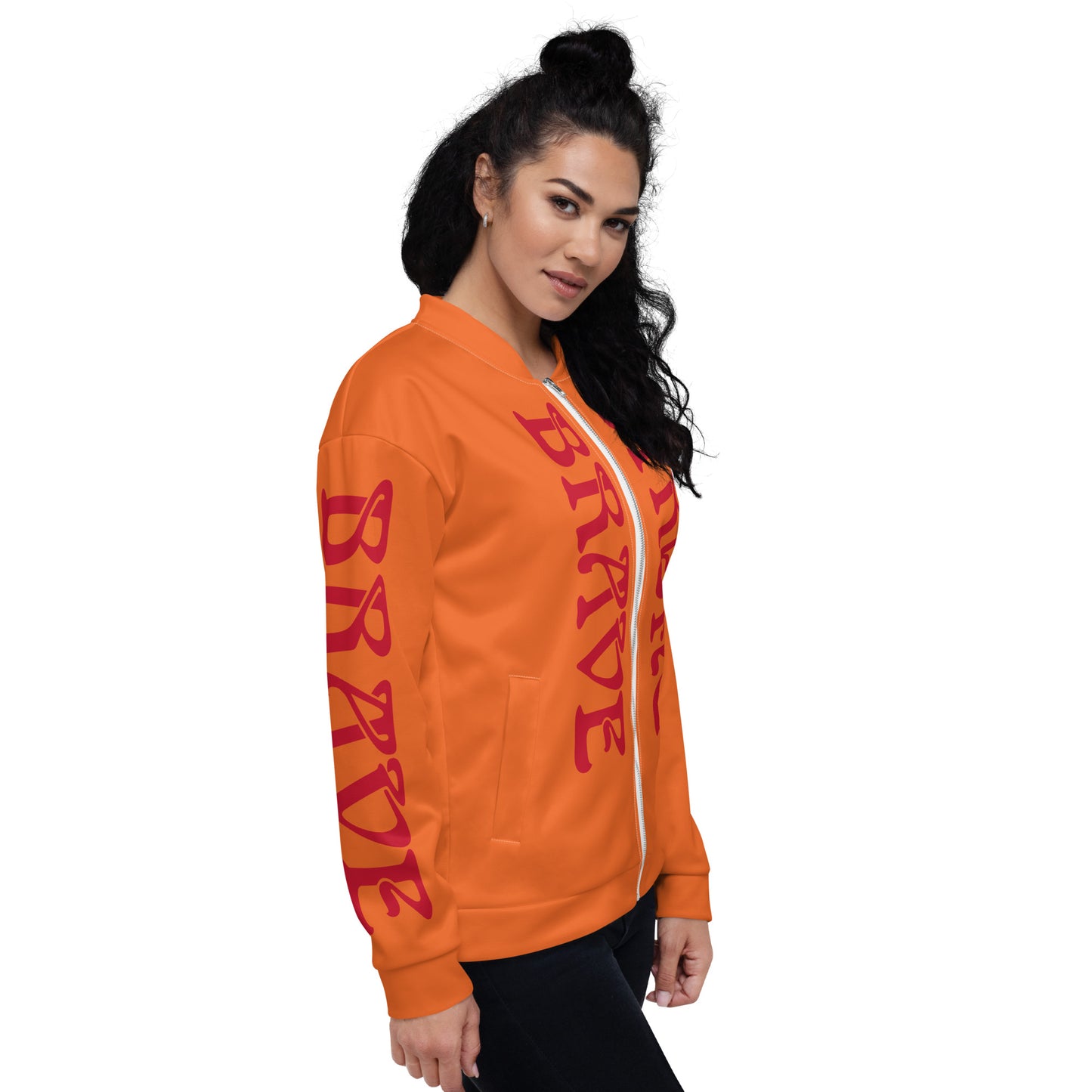 “BRAVE,STRONG”Orange Unisex Bomber Jacket W/Red Font