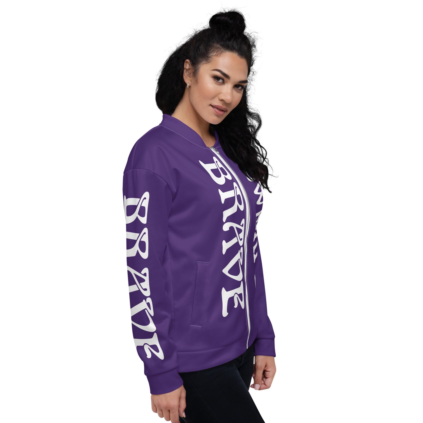 “BRAVE,POWERFUL”Purple Unisex Bomber Jacket W/White Font