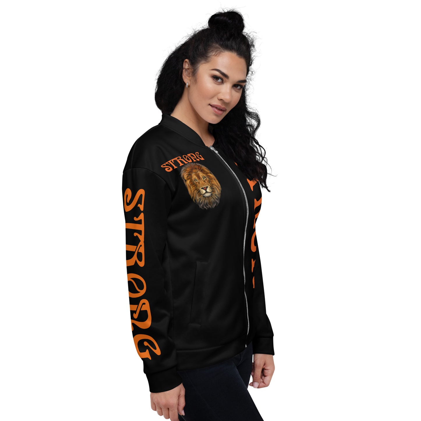 “STRONG”Black Unisex Bomber Jacket W/Double-Sided Orange Font