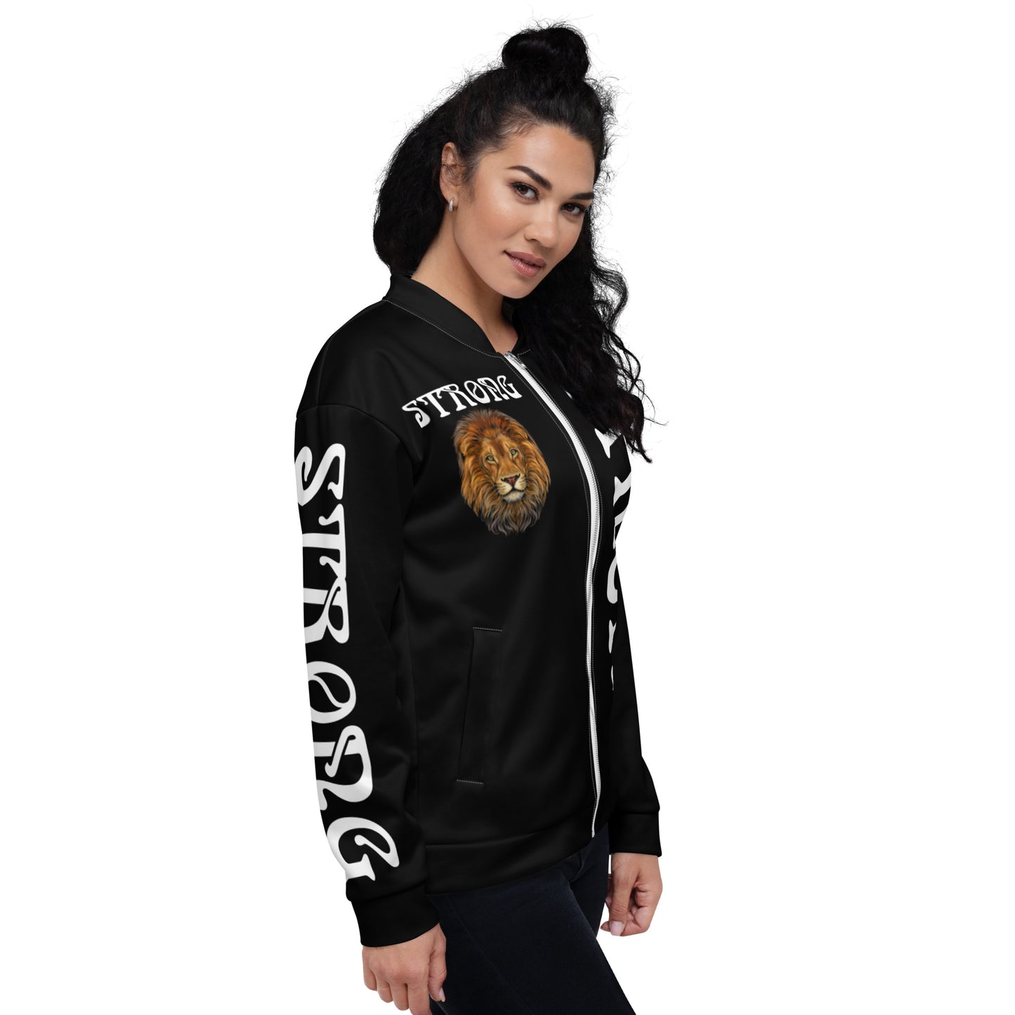 “STRONG”Black Unisex Bomber Jacket W/Double-Sided White Font