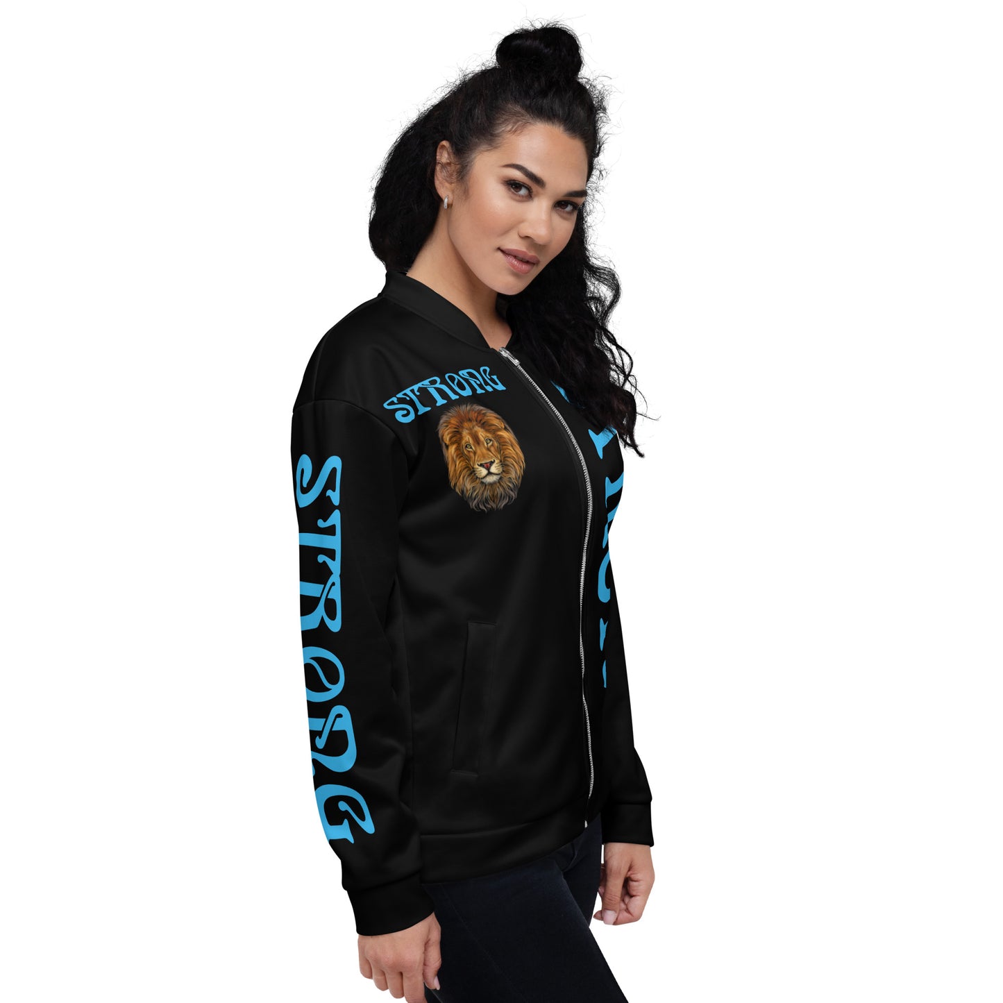 “STRONG”Black Unisex Bomber Jacket W/Double-Sided SkyBlue Font