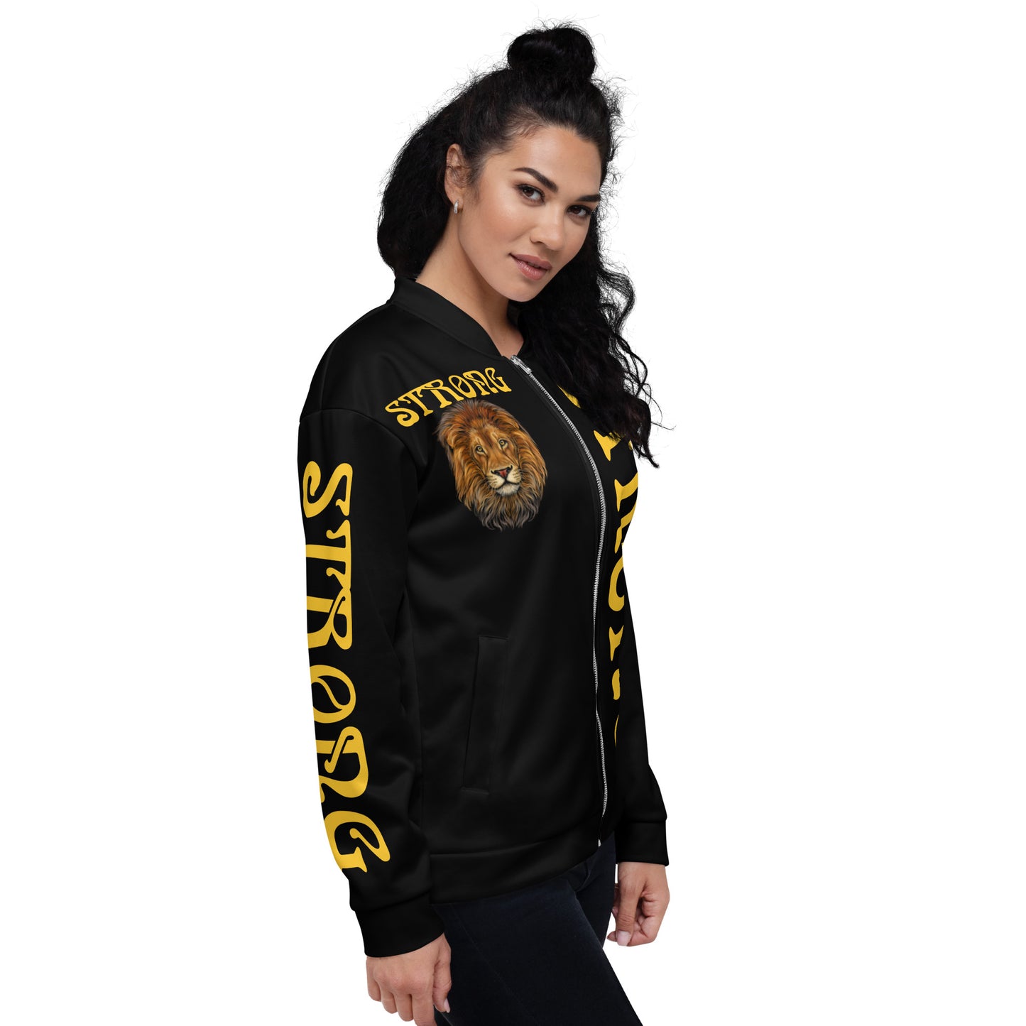 “STRONG”Black Unisex Bomber Jacket W/Double-Sided Yellow Font