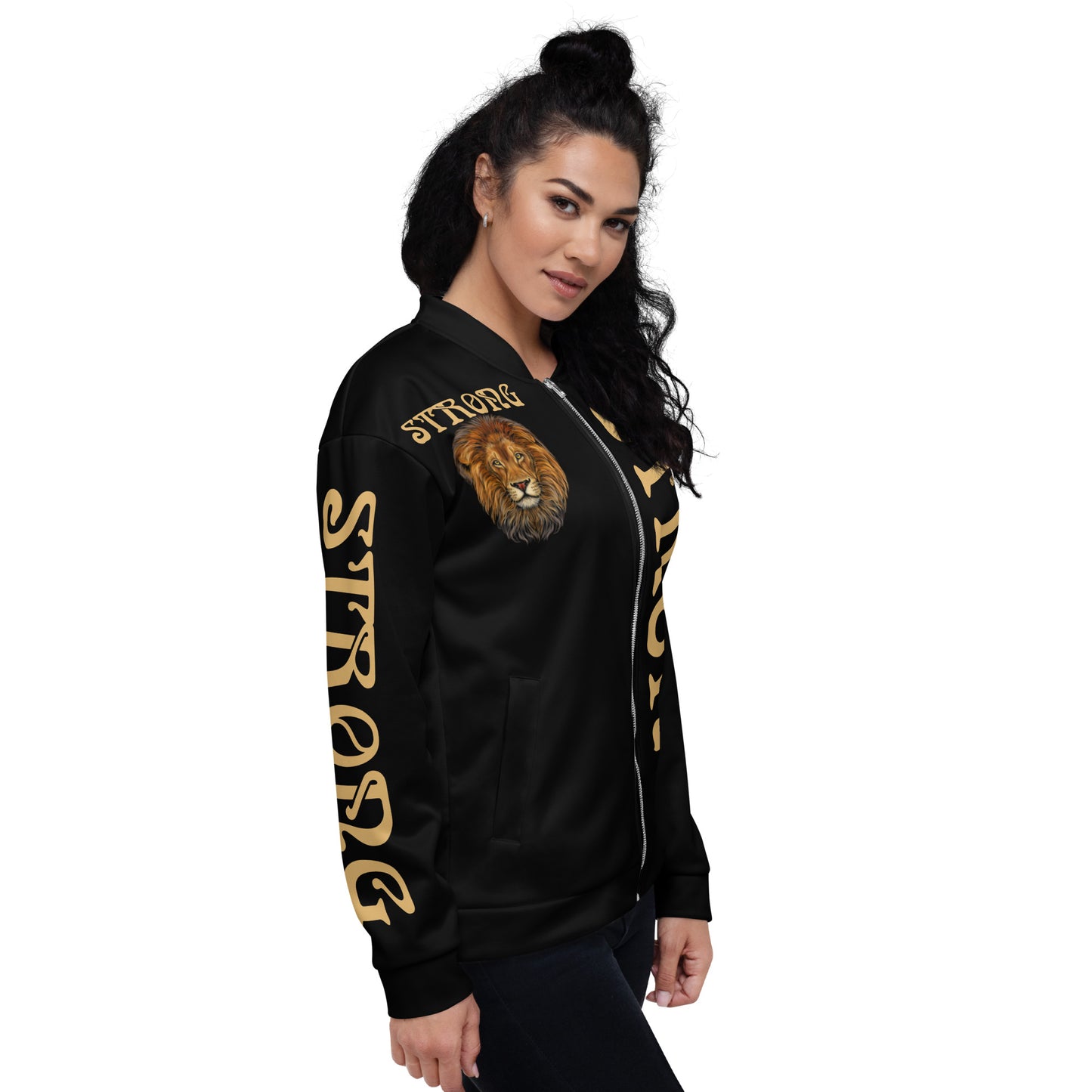 “STRONG”Black Unisex Bomber Jacket W/Double-Sided Fawn Font