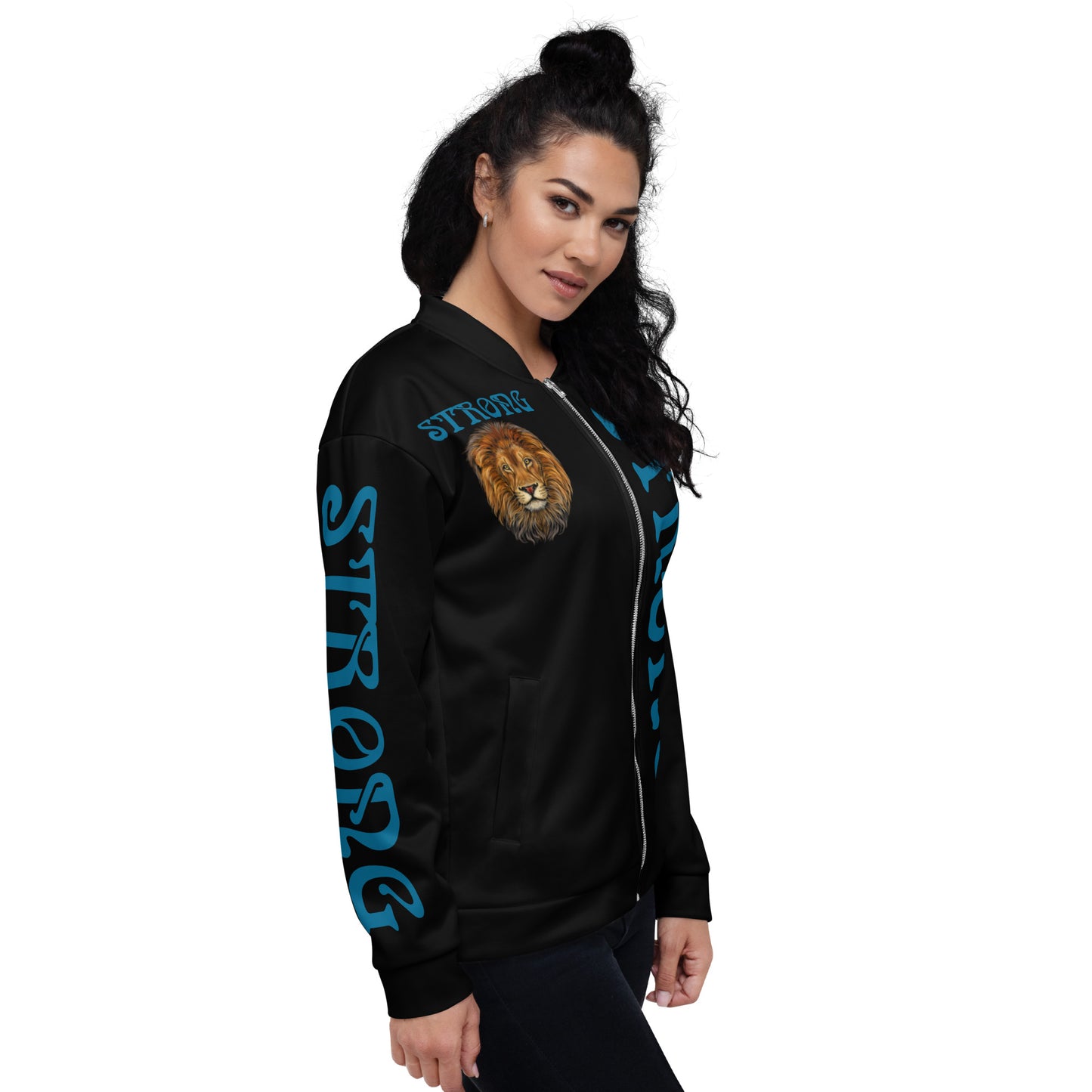 “STRONG”Black Unisex Bomber Jacket W/Cerulean Font