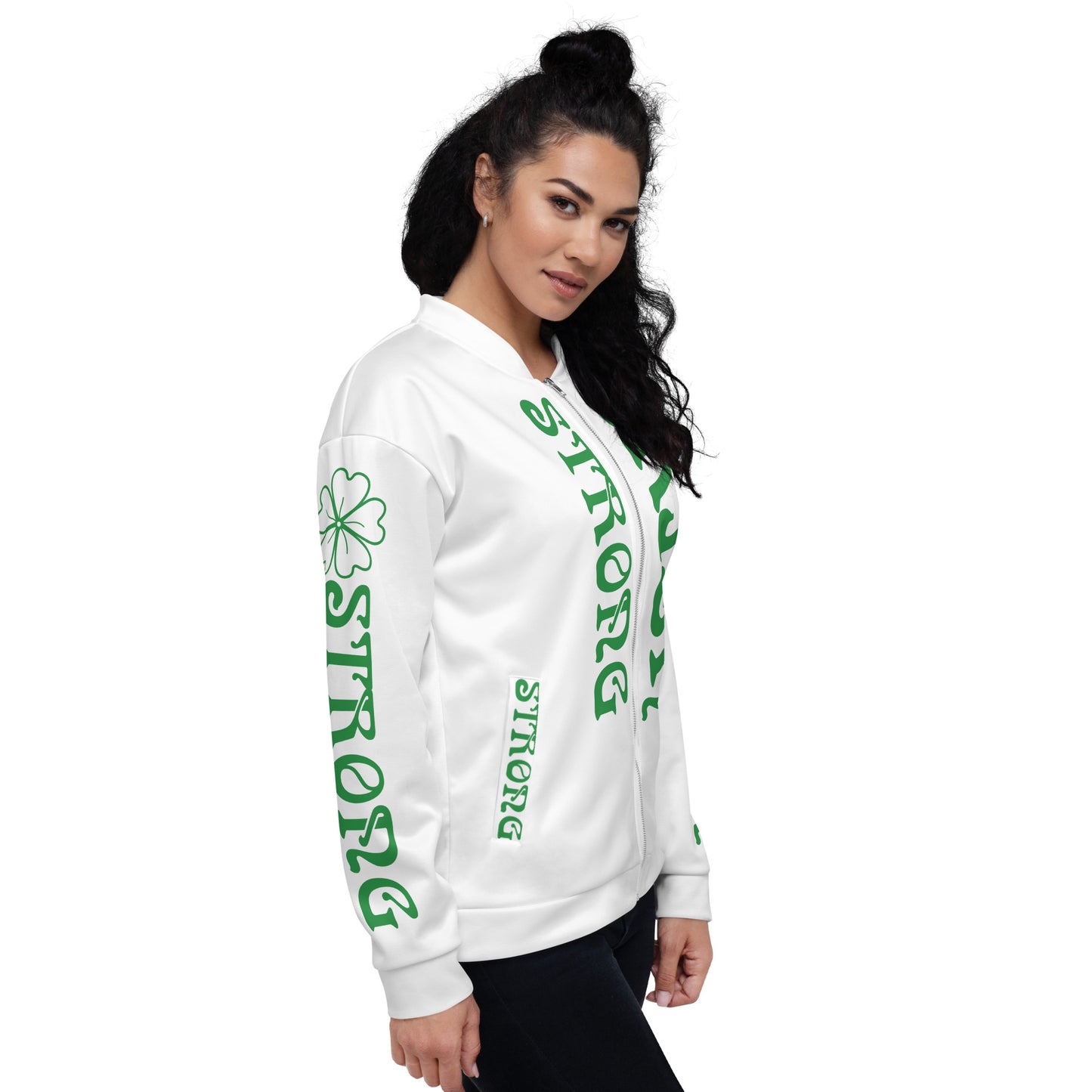 “STRONG IRISH”White Unisex Bomber Jacket W/Green Font