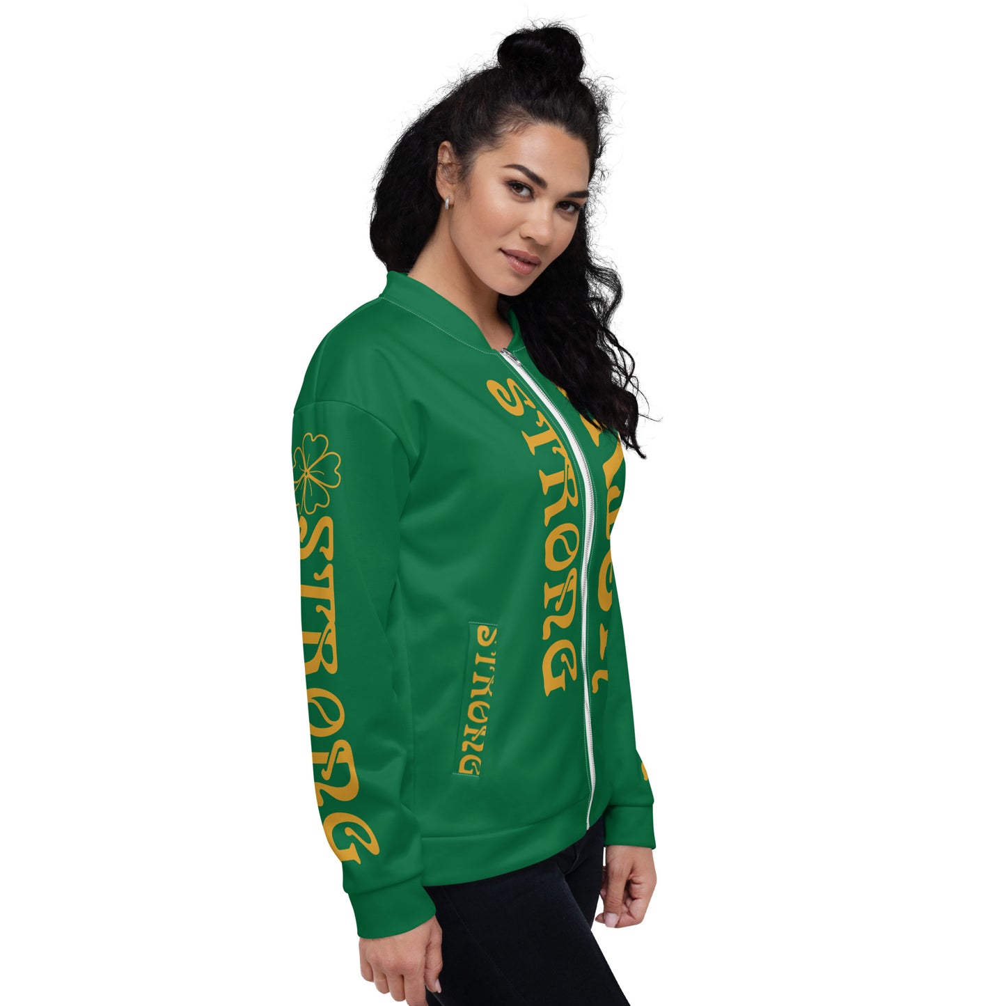 “STRONG IRISH” Green Unisex Bomber Jacket W/Bronze Font