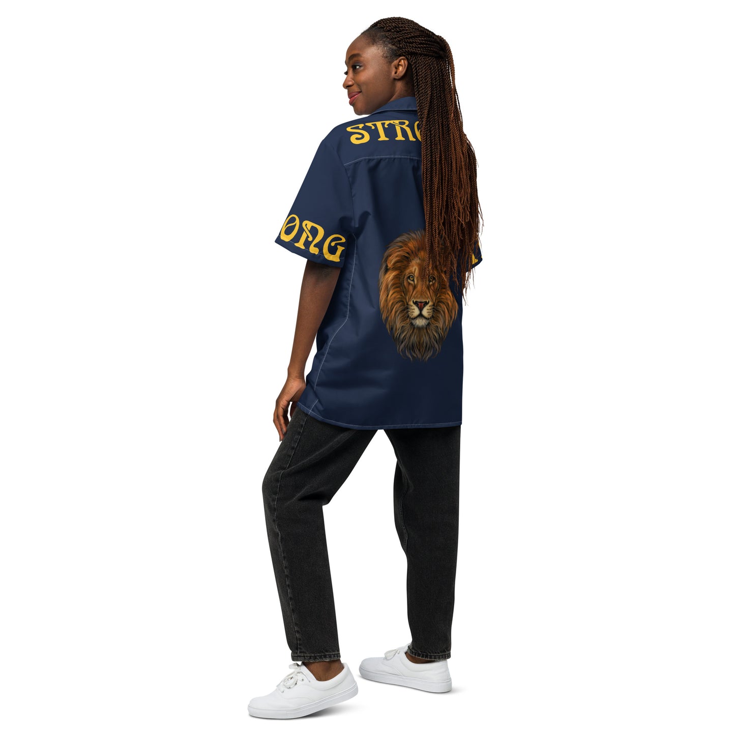 “STRONG” Navy Unisex Button Shirt W/Yellow Font