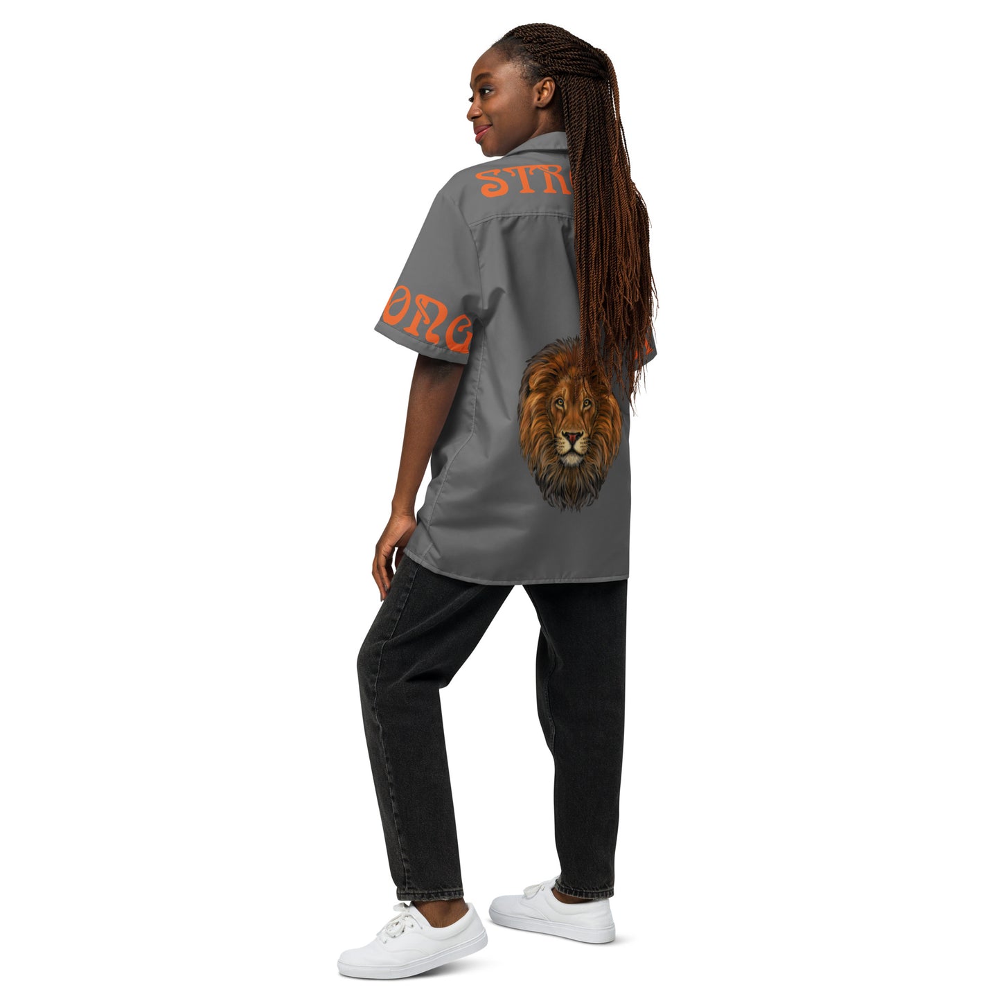 “STRONG” Grey Unisex Button Shirt W/Orange Font