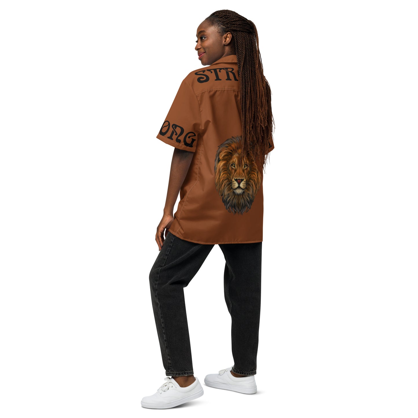 “STRONG” Brown Unisex Button Shirt W/Black Font