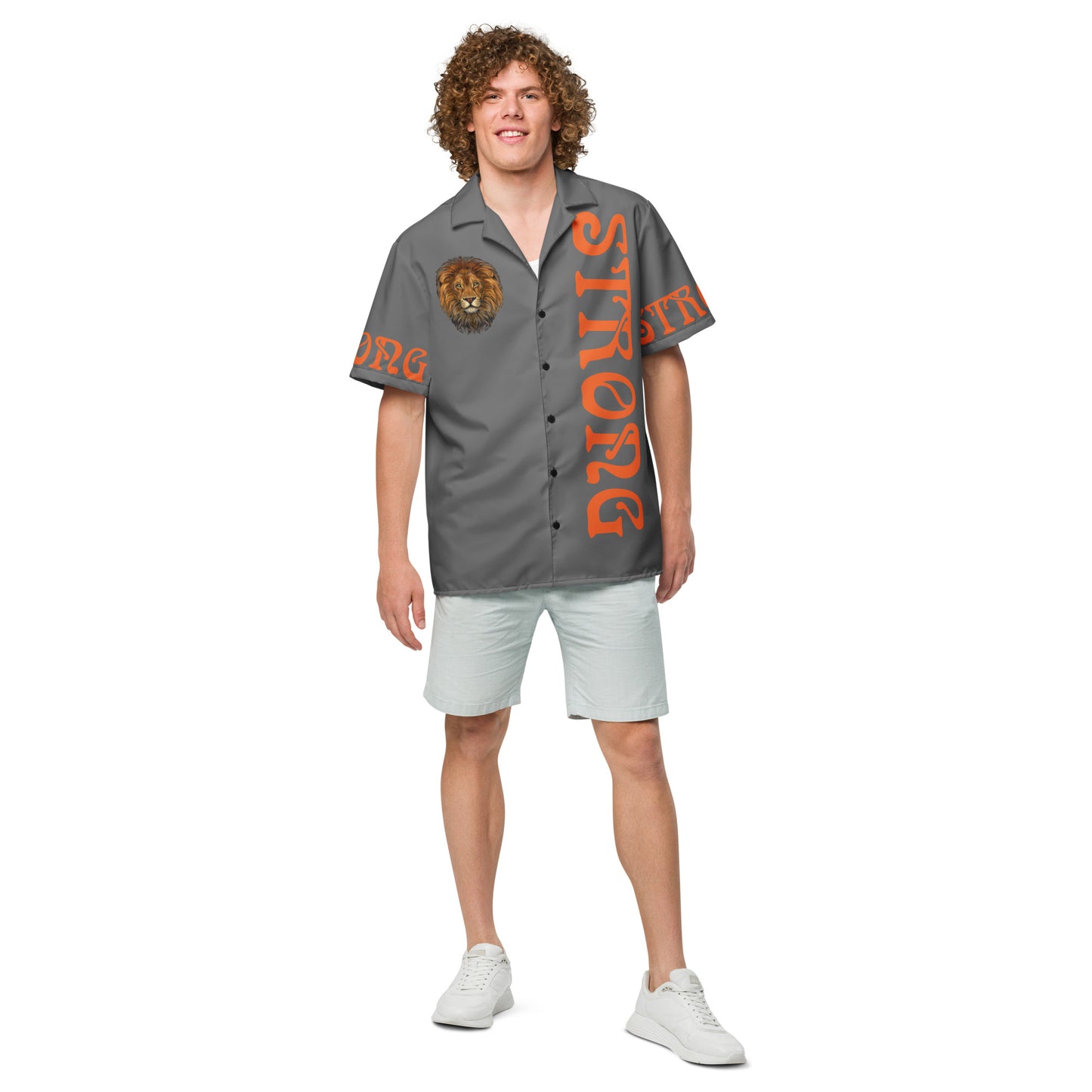 “STRONG” Grey Unisex Button Shirt W/Orange Font