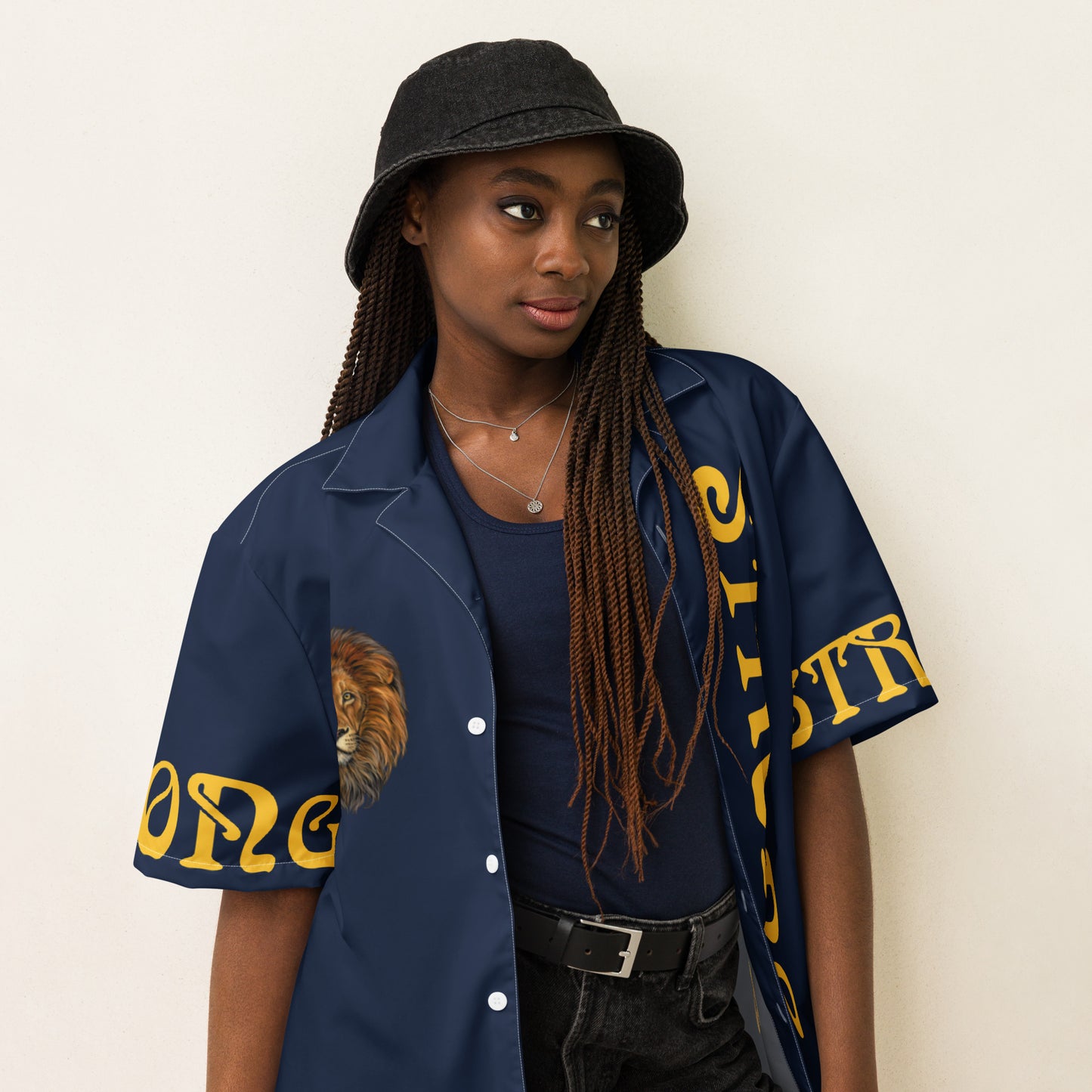 “STRONG” Navy Unisex Button Shirt W/Yellow Font