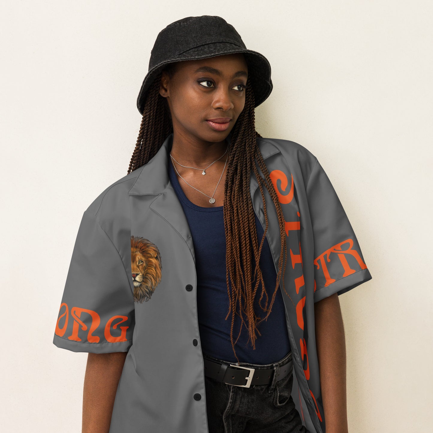 “STRONG” Grey Unisex Button Shirt W/Orange Font