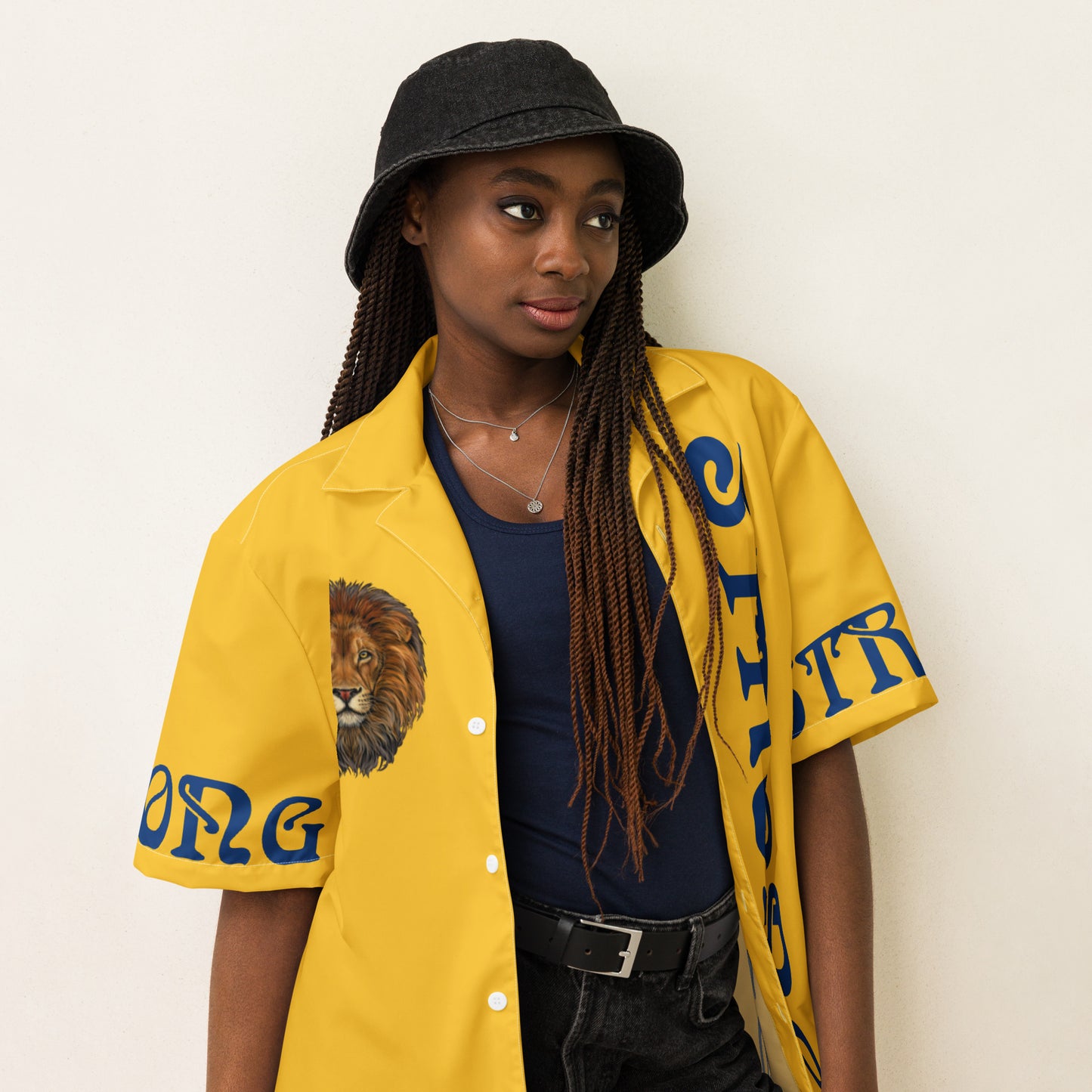 “STRONG” Yellow Unisex Button Shirt W/Blue Font