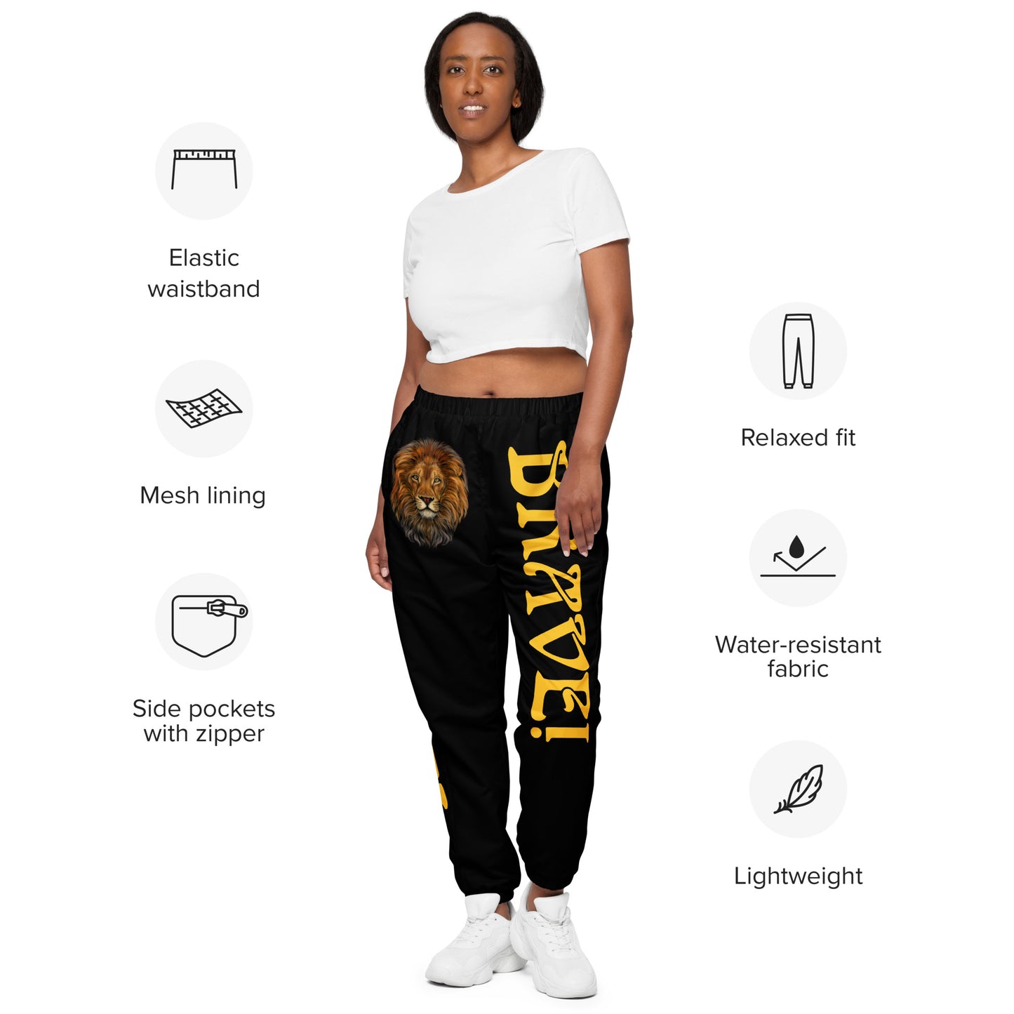 “BRAVE!”Black Unisex Track Pants W/Yellow Font