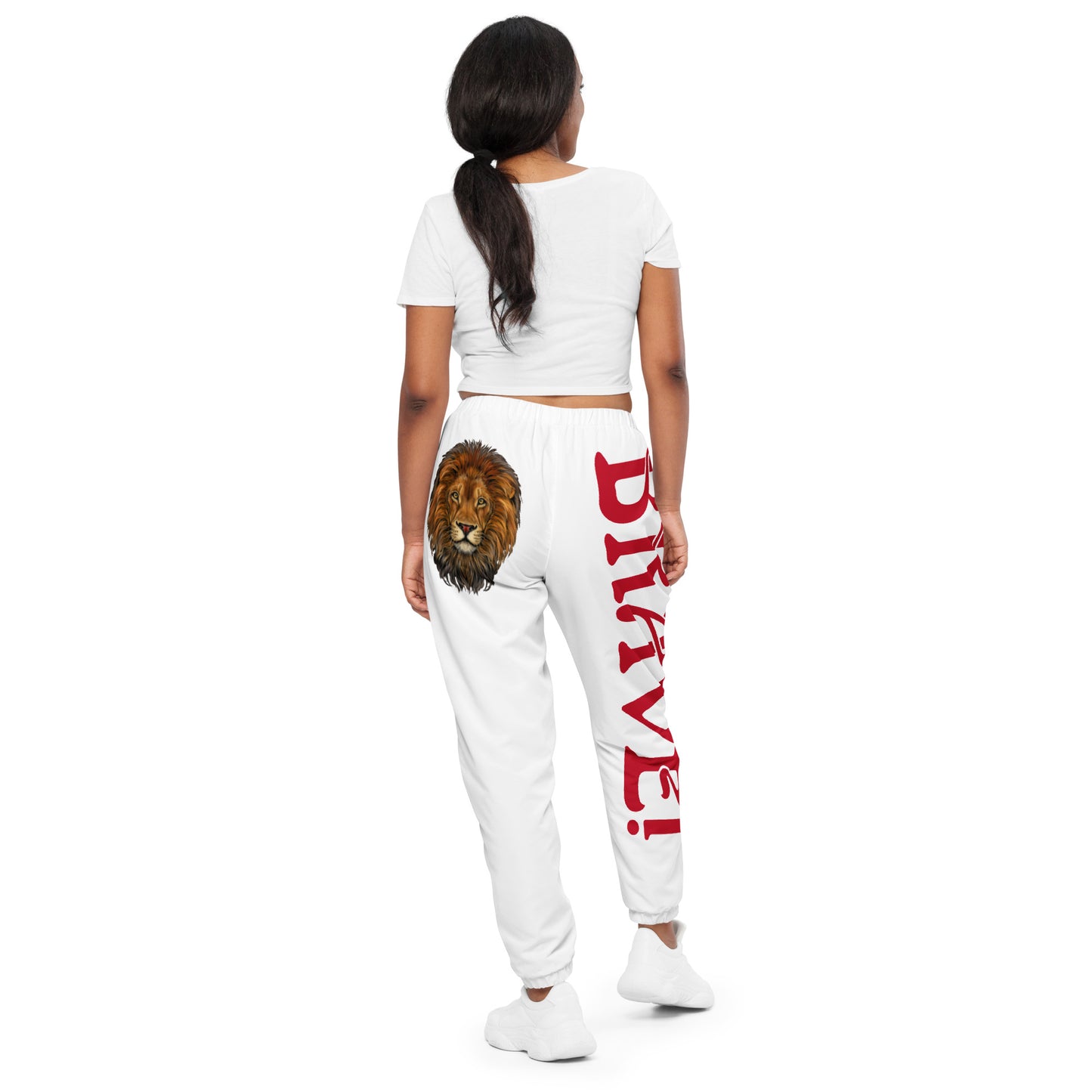 “BRAVE!”White Unisex Track Pants W/Red Font