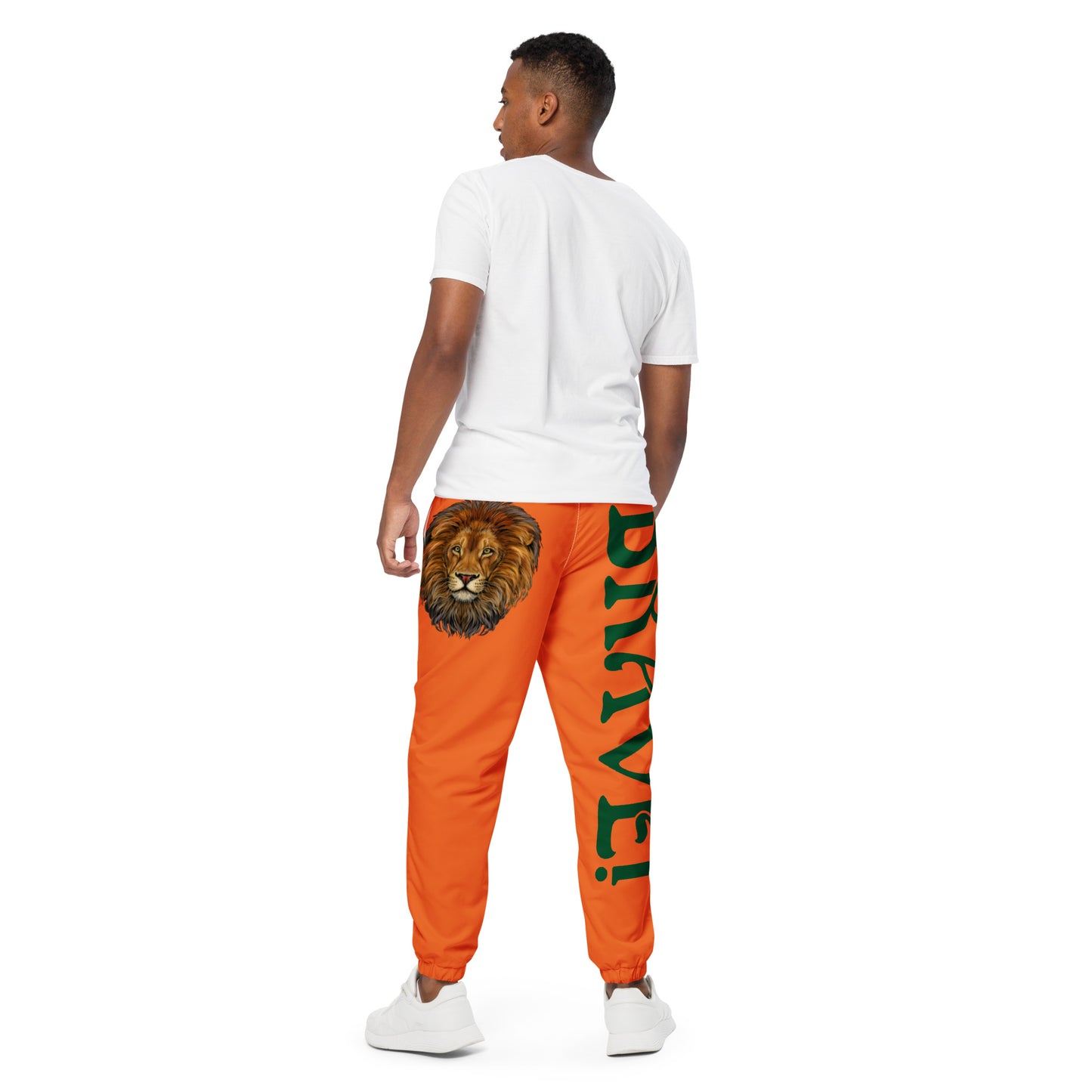 “BRAVE!”Orange Unisex Track Pants W/Green Font