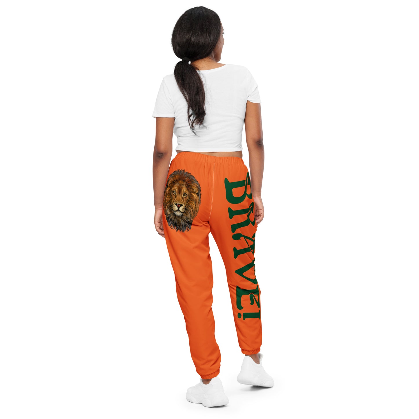 “BRAVE!”Orange Unisex Track Pants W/Green Font