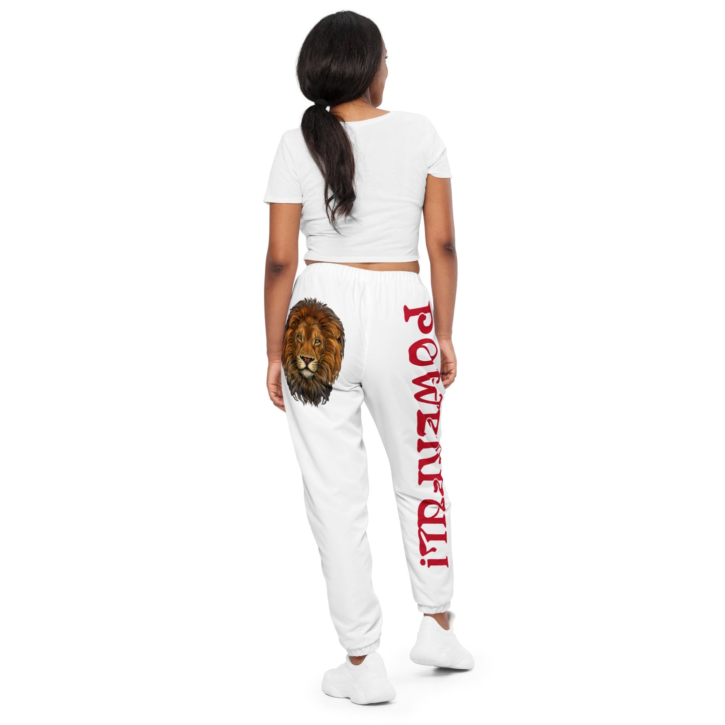 “POWERFUL!”White Unisex Track Pants W/Red Font