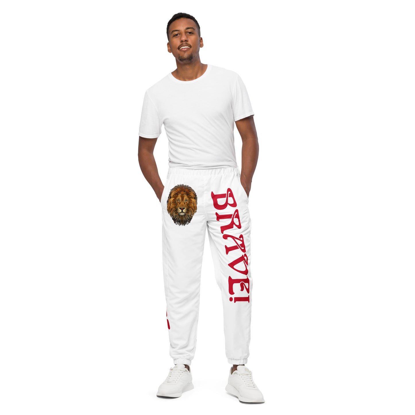 “BRAVE!”White Unisex Track Pants W/Red Font